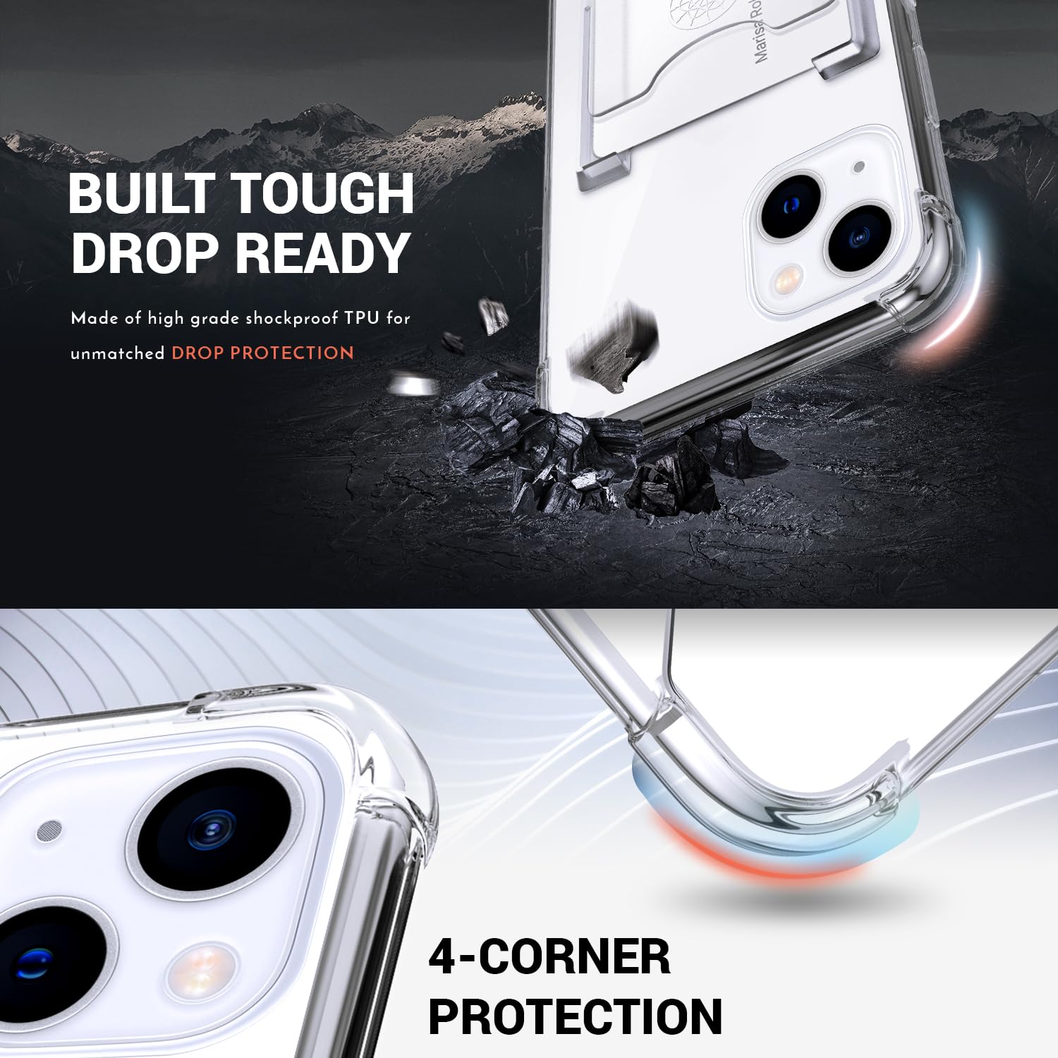 Shields Up iPhone 15 Plus Case (6.7 inch) - Slim Clear Protective Cover with Built-in Wallet (Holds 3 Cards), Ring Stand & Kickstand | Military-Grade Drop Protection | Perfect for Everyday Use, Travel & Hands-Free Viewing