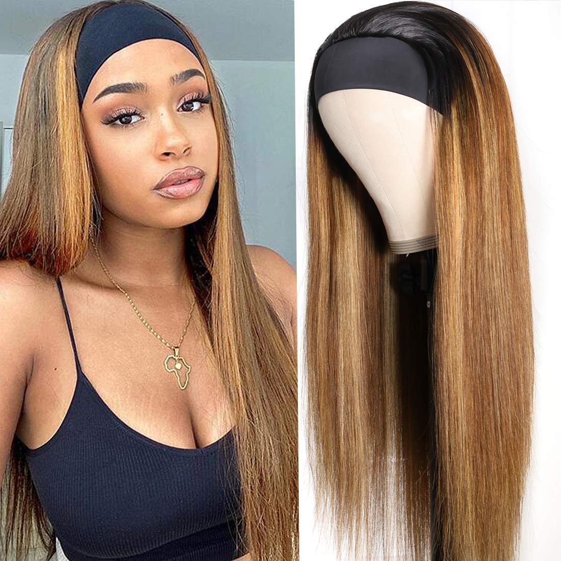 Headband Wig for Black Women - Straight Human Hair Wigs with No Lace Front | Brazilian Virgin Hair Machine Made Wigs OT30 (26 Inches) - Perfect for Daily Wear, Parties & Special Occasions
