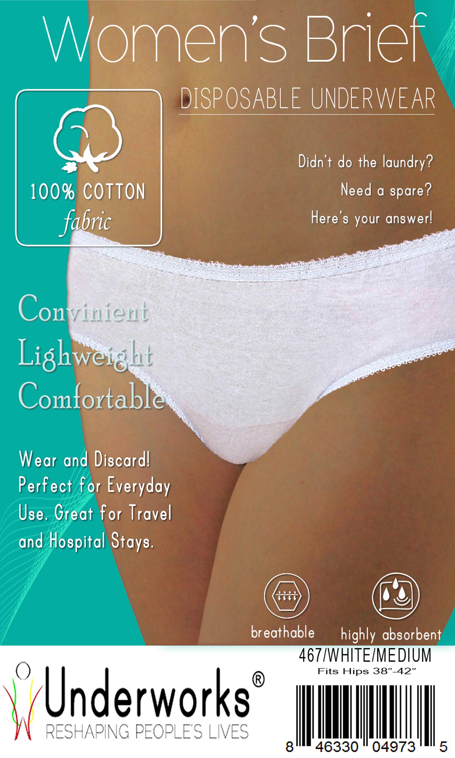 Underworks 10-Pack Women's Disposable Cotton Underwear - 100% Breathable & Soft - Perfect for Travel, Hospital, Postpartum & Emergency Use