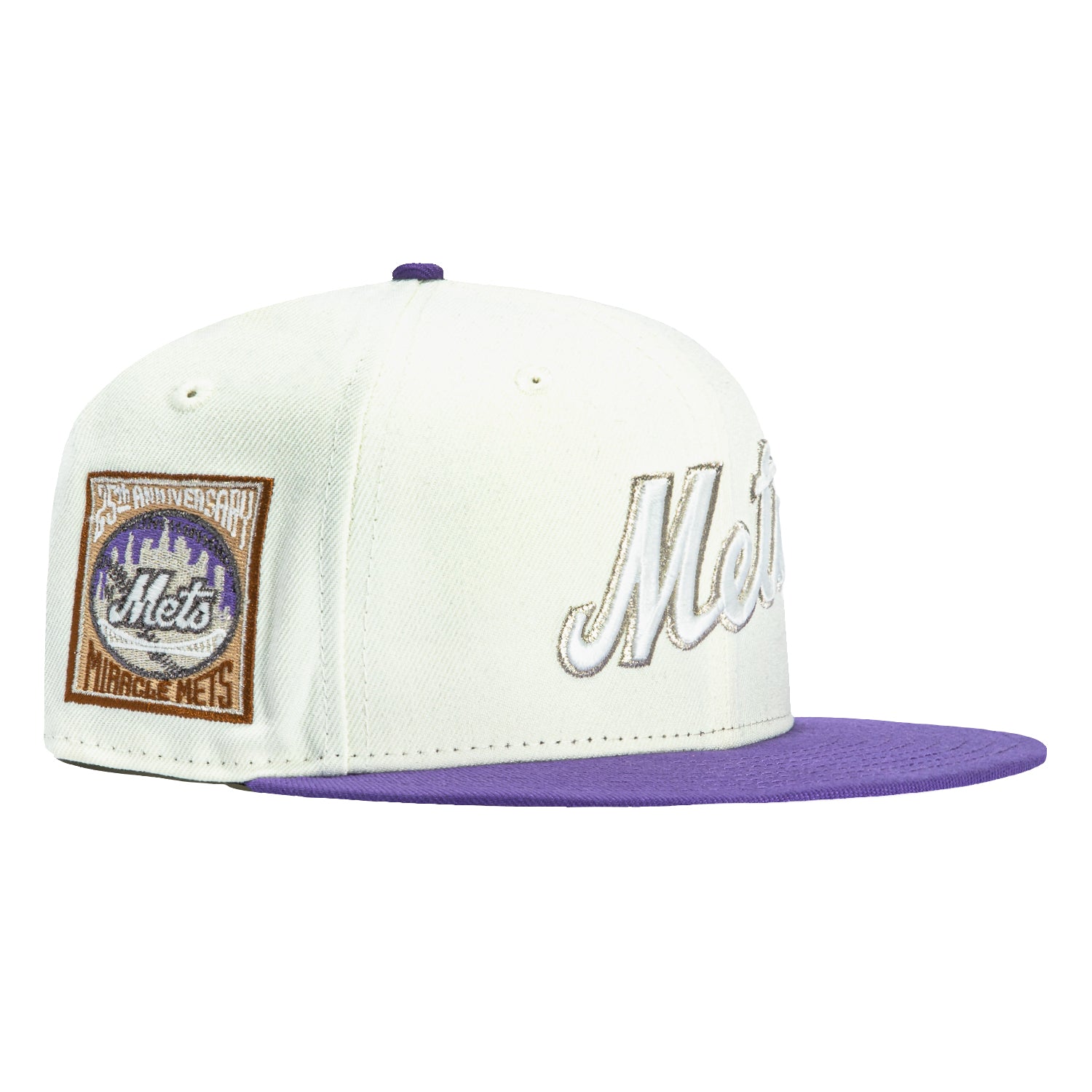 New Era 59Fifty New York Mets 25th Anniversary Patch Script Baseball Cap - White & Purple Adjustable Snapback Hat for Men & Women | Perfect for Baseball Games, Sports Events & Streetwear Fashion