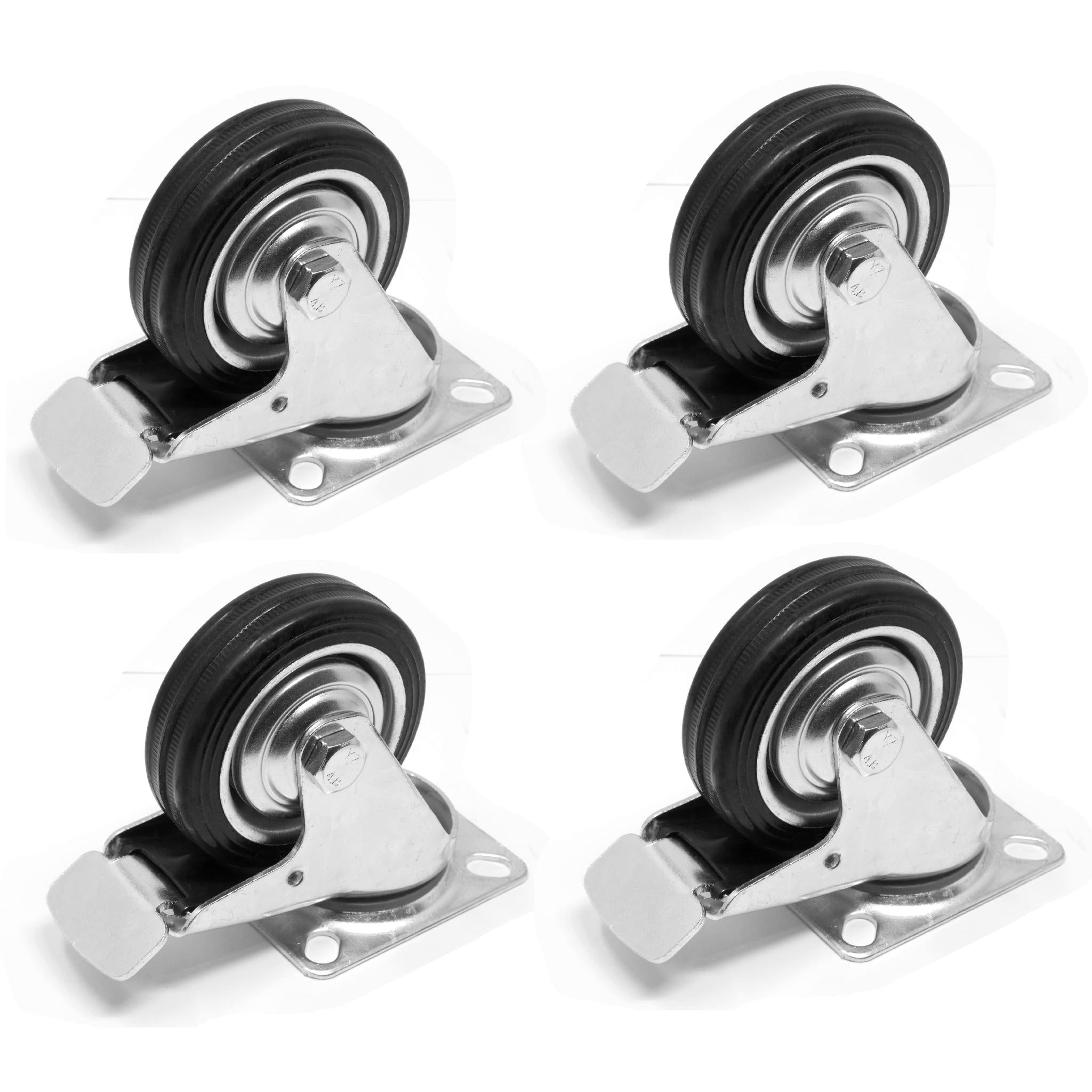 WEN CA5113B 3 Inch Heavy Duty Swivel Caster Wheels with Brake - 110 lbs Capacity per Wheel, Rubber Roller Bearing Plate Casters (Set of 4) - Perfect for Carts, Furniture, Workbenches and Industrial Equipment
