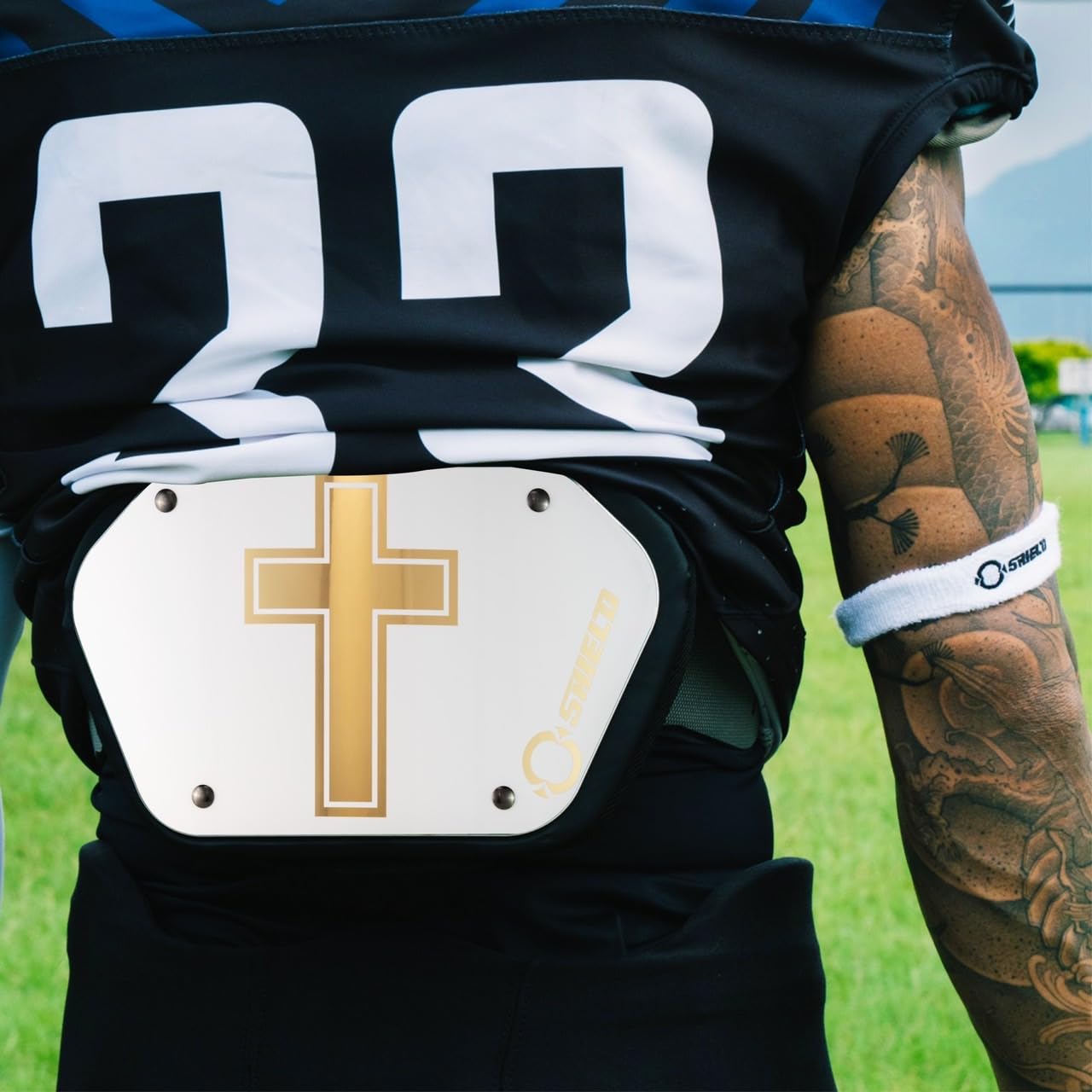 O Shield Golden Cross Chrome Football Back Plate - Lower Back Pads for Football Players - Rear Protector Cross Series - Protective Gear for Tackling & Contact Sports