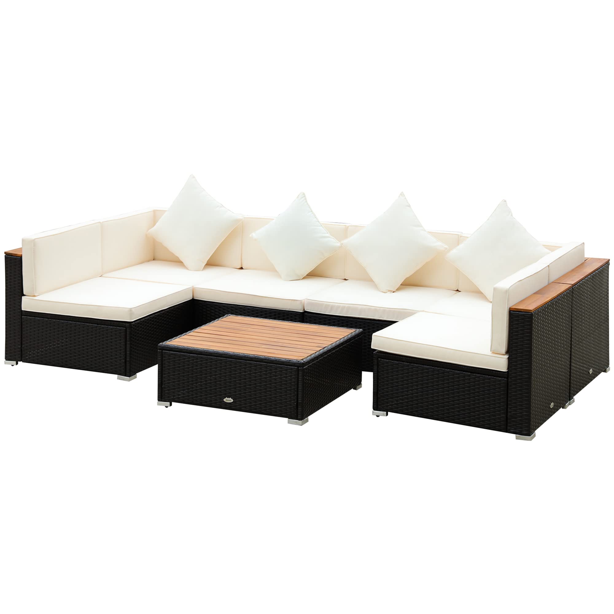 Outsunny 7-Piece Patio Furniture Set - PE Rattan Outdoor Sectional Sofa with Acacia Wood Coffee Table & Cushions - Beige Garden Conversation Set for Backyard, Poolside, and Patio Relaxation
