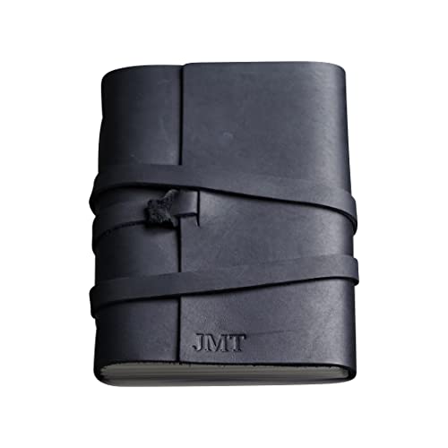 Ox & Pine Personalized Wrapped Leather Journal - Premium Full Grain Leather Refillable Notebook - Includes 4 Kraft Paper Notebooks - Black 6x8 Graph Paper - Perfect for Journaling, Sketching & Gift Giving