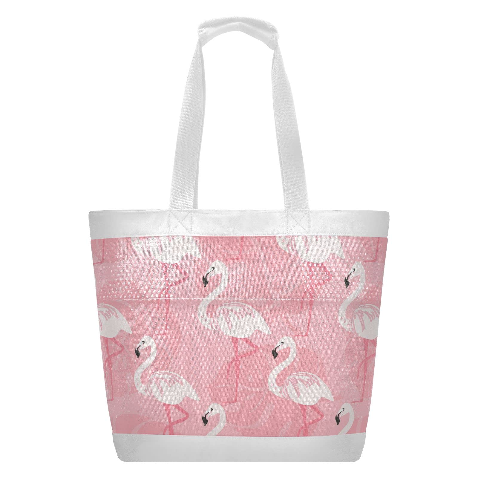 J JOYSAY Large Pink Flamingo Mesh Beach Tote Bag for Women - Waterproof Swim Pool Bag, Reusable Grocery Shopping Bag - Perfect for Beach Vacation, Pool Party & Summer Travel Accessories
