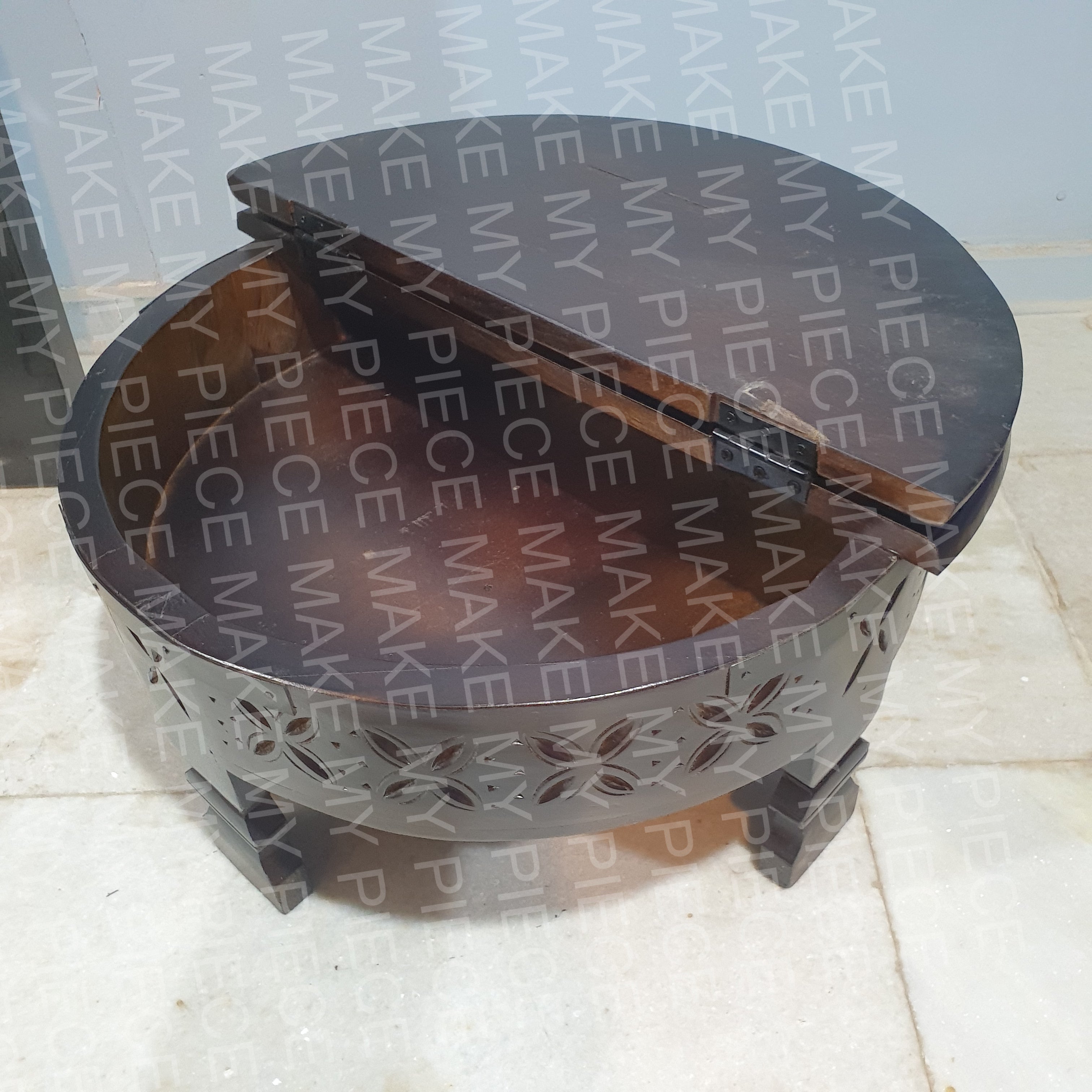 FARHANA Tribal Grinder Round Coffee Table - Dark Brown Wooden End Table with Carved Design for Living Room, Lounge & Home Decor
