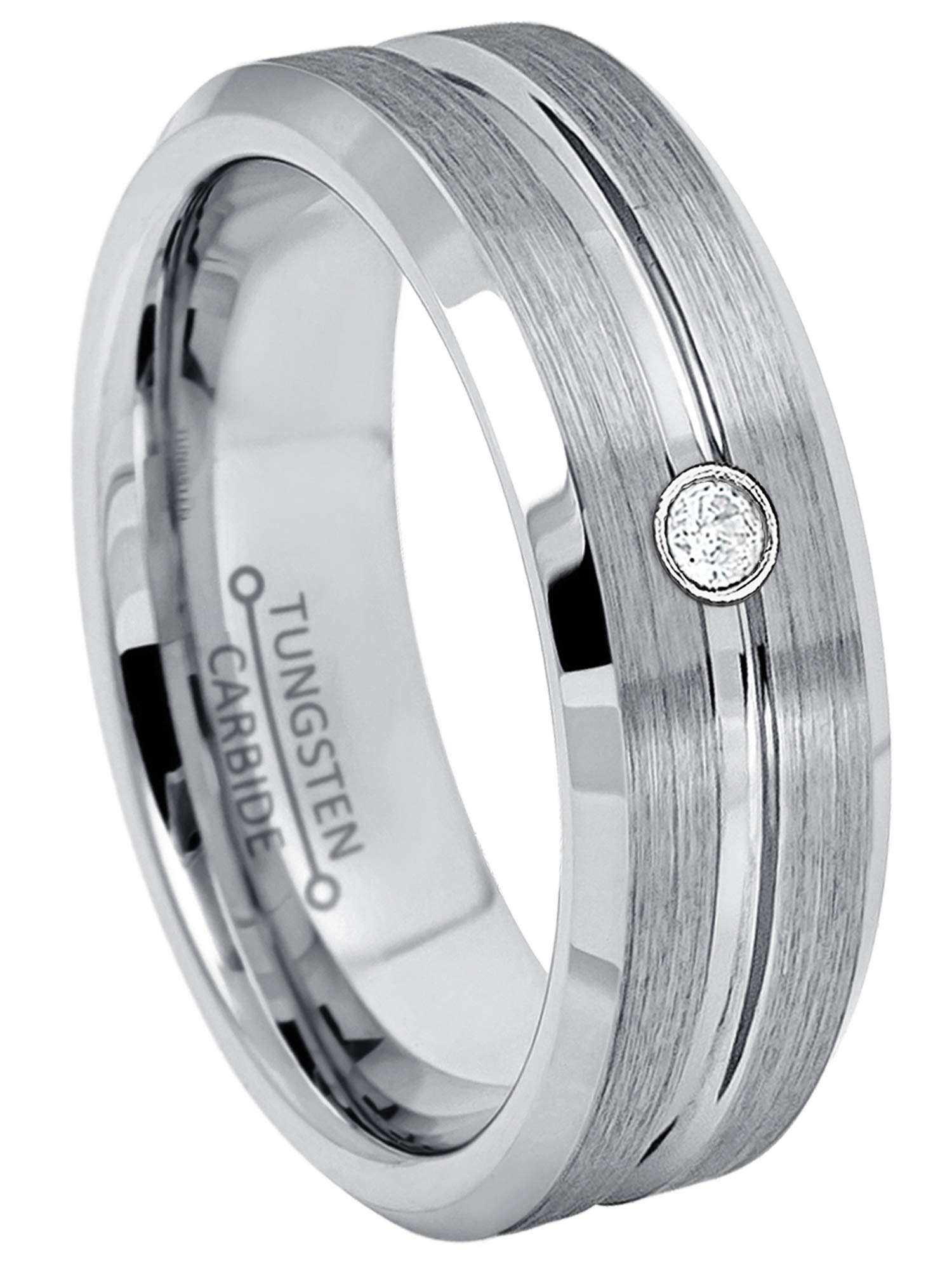 7MM Brushed Tungsten Carbide Wedding Band with Grooved Center & Beveled Edge - 0.07ct Diamond Ring for Men - April Birthstone Jewelry Gift for Anniversary, Engagement & Special Occasions