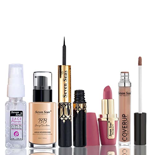 Seven Seas Lightweight Makeup Combo Set - Lipstick, Foundation, Face Primer, Concealer, Eyeliner & Mascara | Full Coverage & Blendable for Flawless Face Makeup | Perfect for Daily Wear, Special Occasions & Professional Makeup Looks (Women)