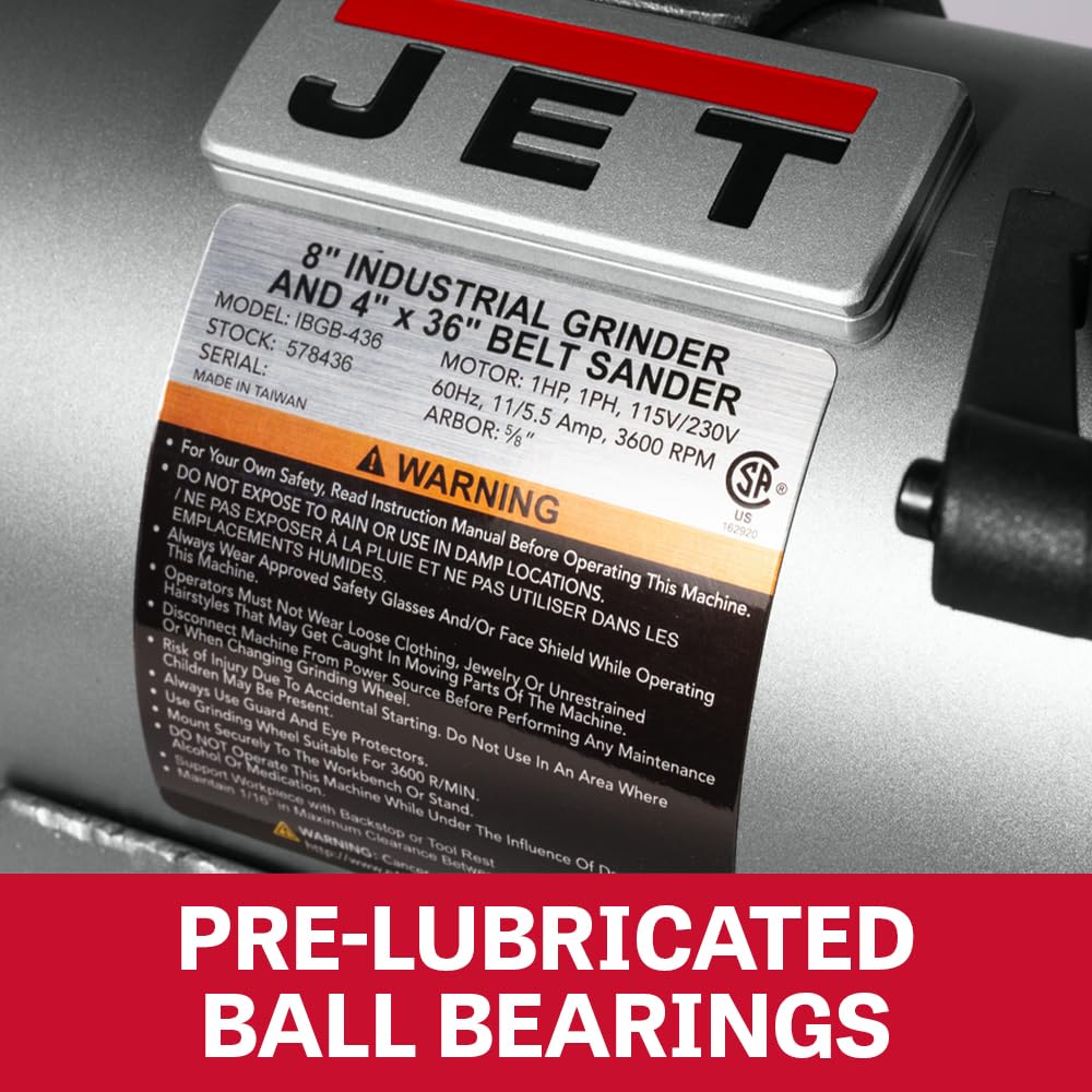 JET 8 Inch Bench Grinder with 2 x 48 Inch Belt Sander, 1 HP Motor, 115/230V Single Phase (Model IBGB-248) - Perfect for Metalworking, Woodworking & Knife Sharpening in Home Workshops & Garages