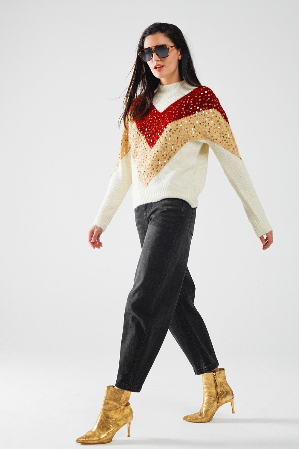 Color Block Bordeaux & Beige Knit Pullover Sweater with Sparkle Embellishments | Women's Fashion Winter Wear for Office & Holiday Parties