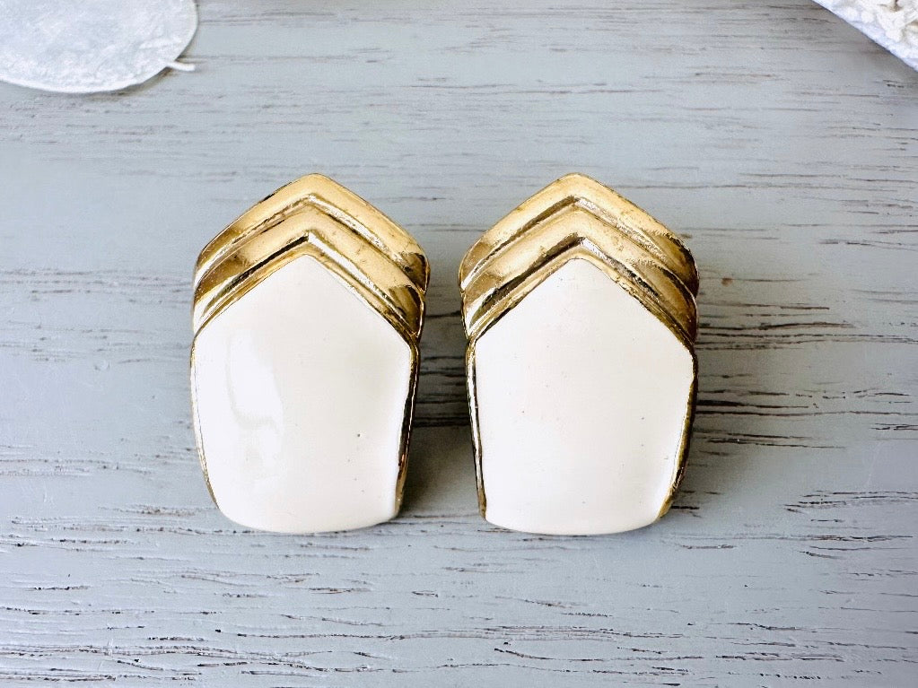 Vintage 1980s Post Earrings - Cream Enamel Gold Chevron Shield Pierced Earrings for Women | Retro Fashion Jewelry Gift for Birthday, Party & Special Occasions