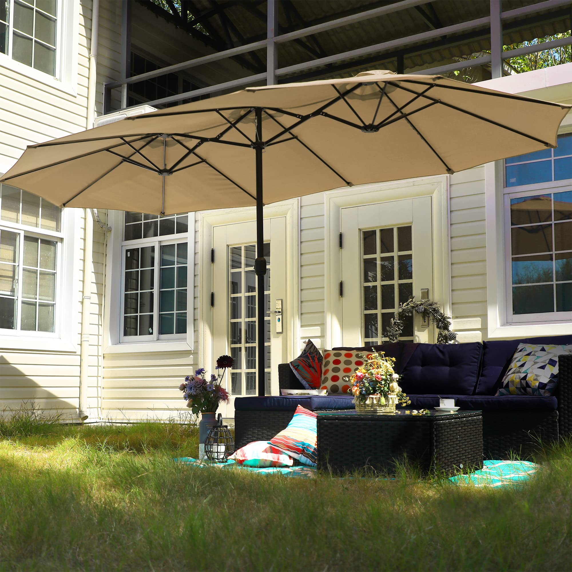 PHI VILLA 15ft Large Patio Umbrella with Base - Outdoor Double-Sided Beige for Garden & Poolside