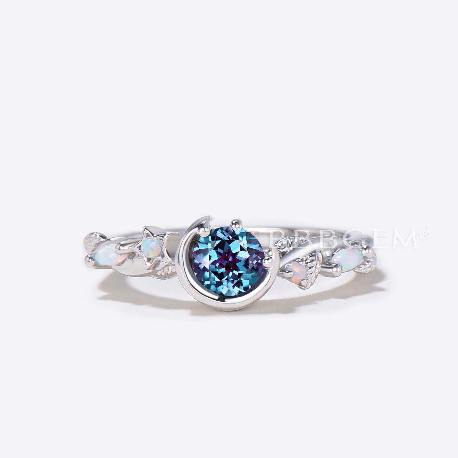 14K Sterling Silver Moon and Star Ring with Alexandrite & Opal - Elegant Wedding Band for Women, Perfect for Engagement, Anniversary, and Special Occasions