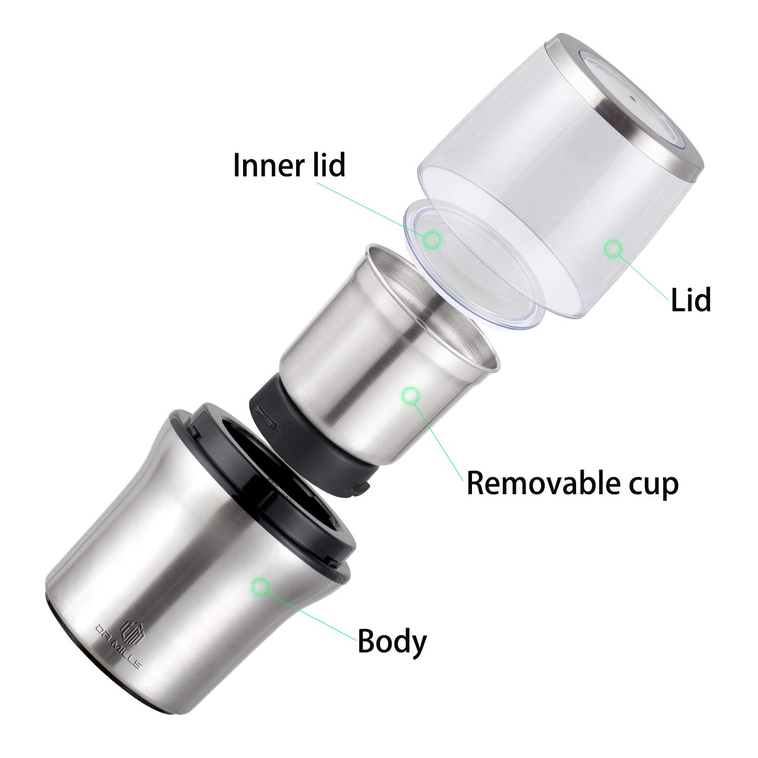 DR MILLS DM-7412M Stainless Steel Electric Coffee & Spice Grinder - 2-in-1 Wet & Dry Grinding, Removable BPA-Free Cups, Dishwasher Safe - Perfect for Fresh Coffee Beans, Herbs, Nuts & Spices in Kitchen & Cafe