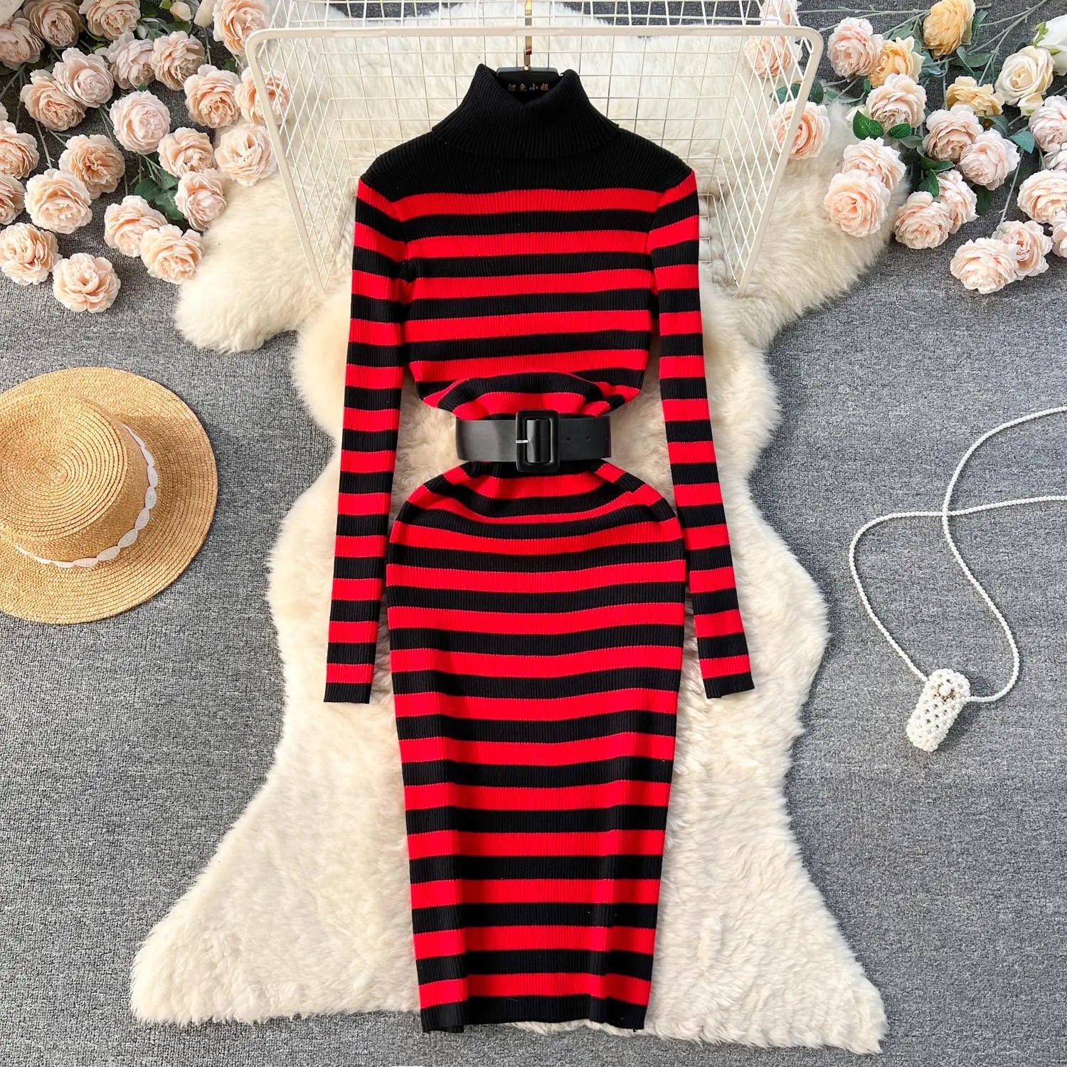 Women's French Style Autumn Winter Patchwork Stripe Knit Long Dress - Medium Length High Neck Warm Loose Slim Sweater Dress for Casual Outings & Holiday Parties