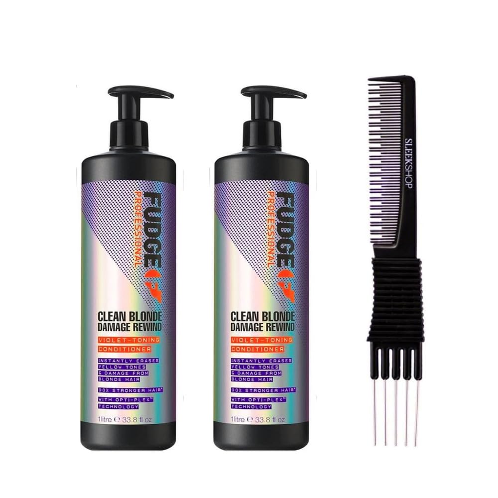 Fudge Clean Blonde Damage Rewind Violet Toning Conditioner for Blonde Hair - 33.8 oz Purple Shampoo & Conditioner Set with Teasing Comb (Pack of 2) | Perfect for Color-Treated, Bleached, or Highlighted Hair at Home or Salon Use