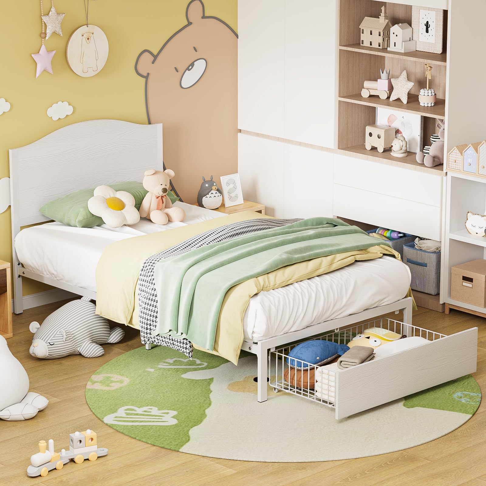 Timy Twin Bed Frame with Drawer & Wooden Headboard - Sturdy Metal Platform Bed for Kids, Boys & Girls - No Box Spring Needed - Quiet & Easy to Assemble - Perfect for Toddler Rooms, Guest Rooms & Small Spaces
