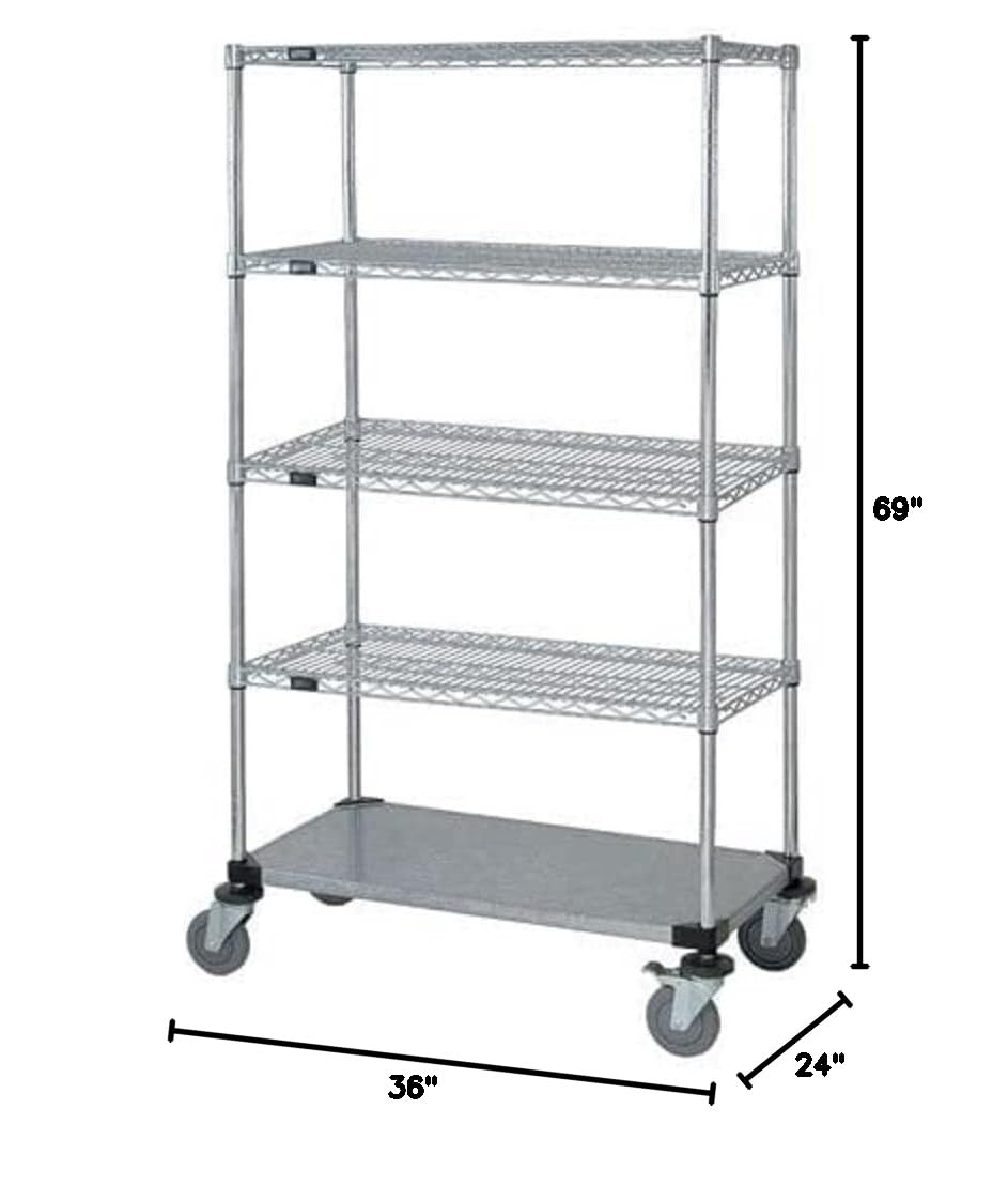 Quantum Storage Systems M2436CG46-5 Heavy Duty 5-Tier Wire Shelving Unit with Solid Wheels, Chrome Finish - 69