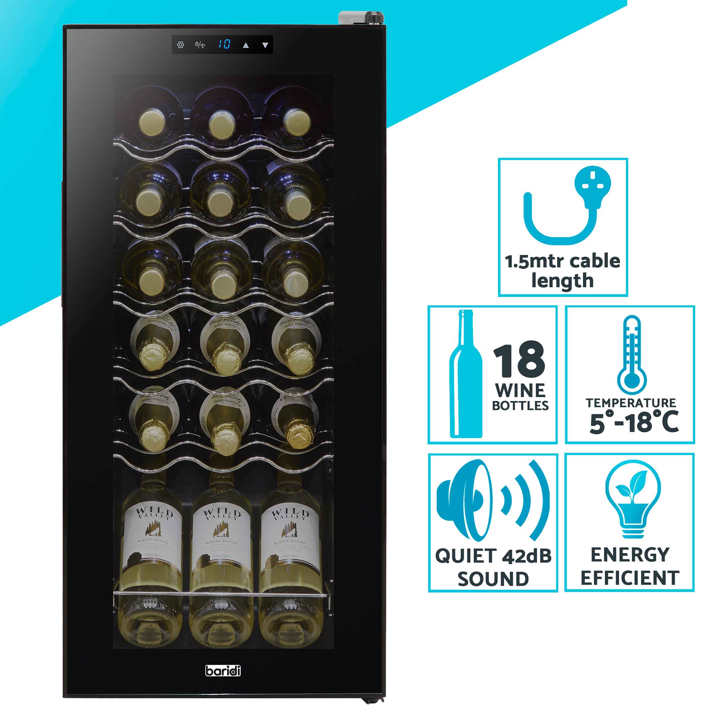Baridi 18 Bottle Wine Cooler Refrigerator - Digital Touch Screen Control, LED Interior Lighting, Freestanding Black Wine Fridge for Home, Kitchen, or Bar Use