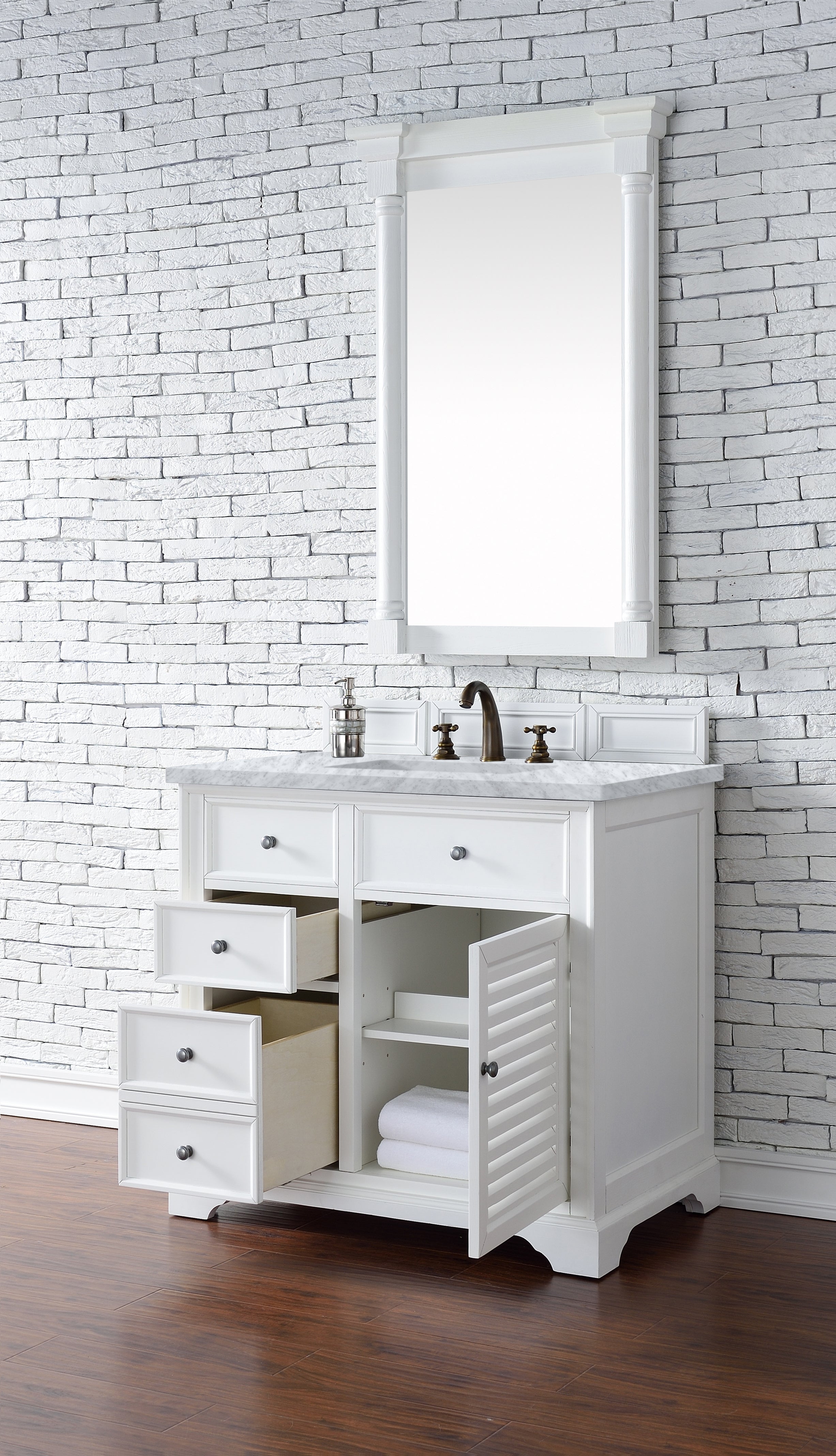 Savannah 36-Inch Bright White Bathroom Vanity with 3CM Carrara Marble Top - Perfect for Modern Master Bathrooms & Powder Rooms