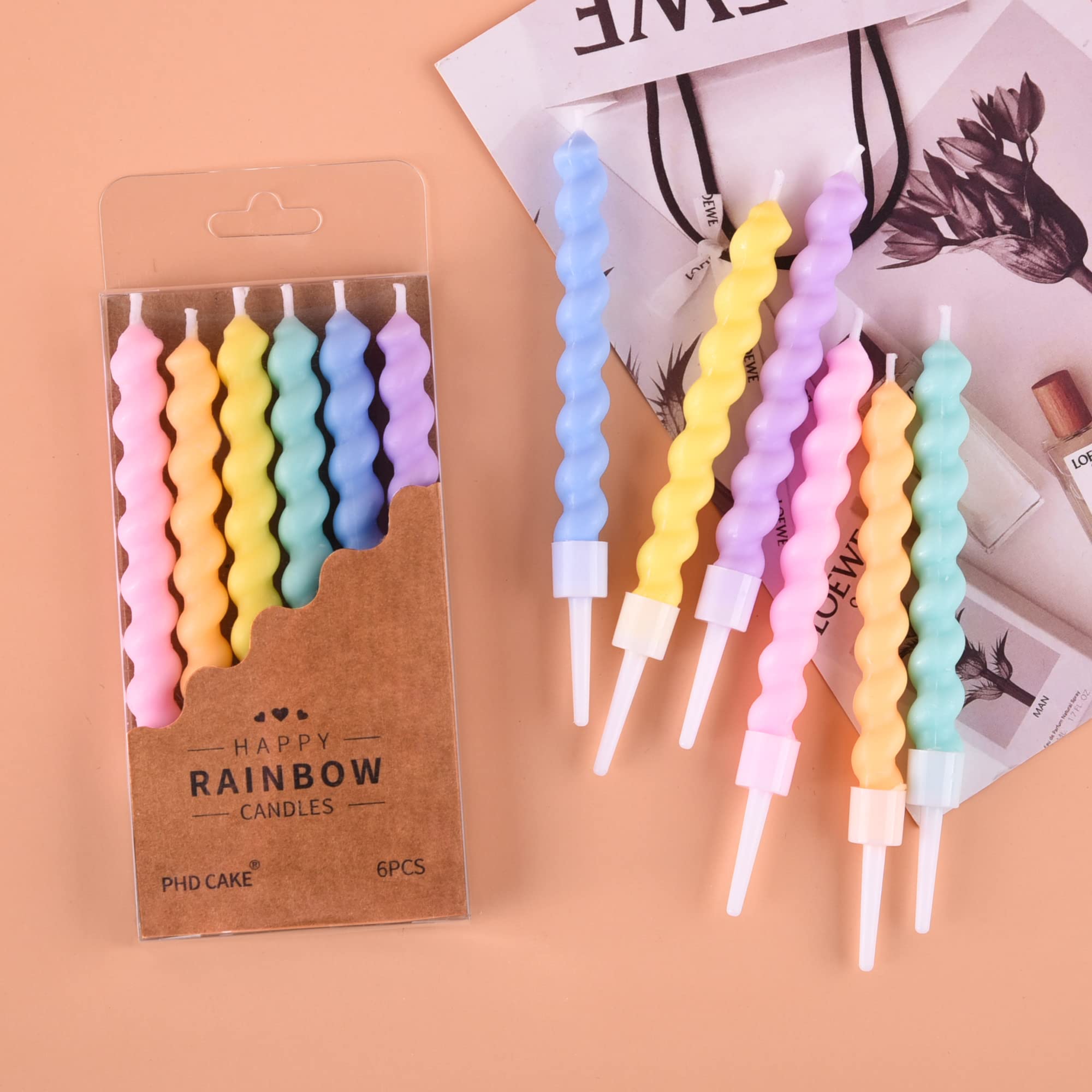 PHD CAKE 36-Count Rainbow Spiral Birthday Candles with Holders - Colorful Party Candles for Cakes, Cupcakes & Desserts - Perfect for Birthday Parties, Baby Showers & Celebrations
