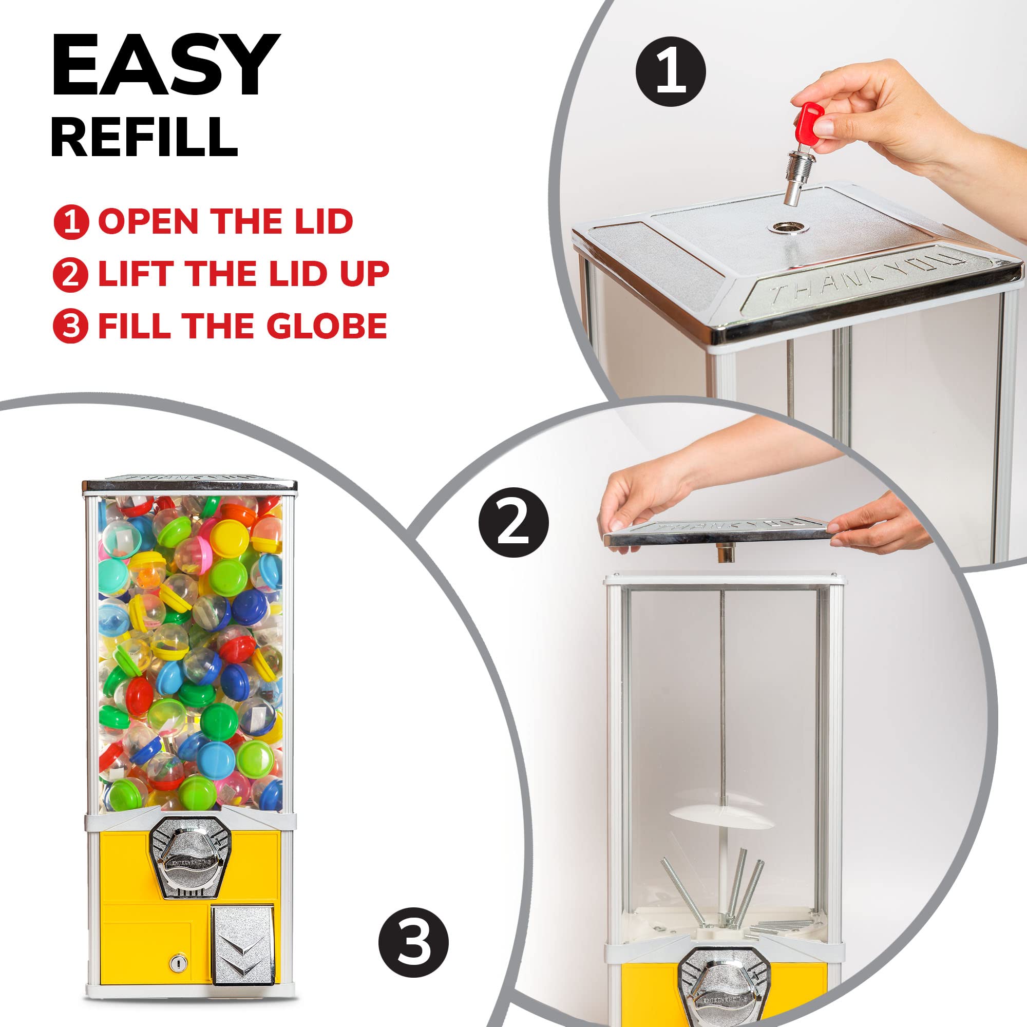 Commercial Big Capsule Vending Machine with Stand - 2 Inch Round Capsule Prize Dispenser for Gumballs, Bouncy Balls & Toys - Yellow Arcade Vending Machine for Malls, Arcades, Restaurants & Retail Stores