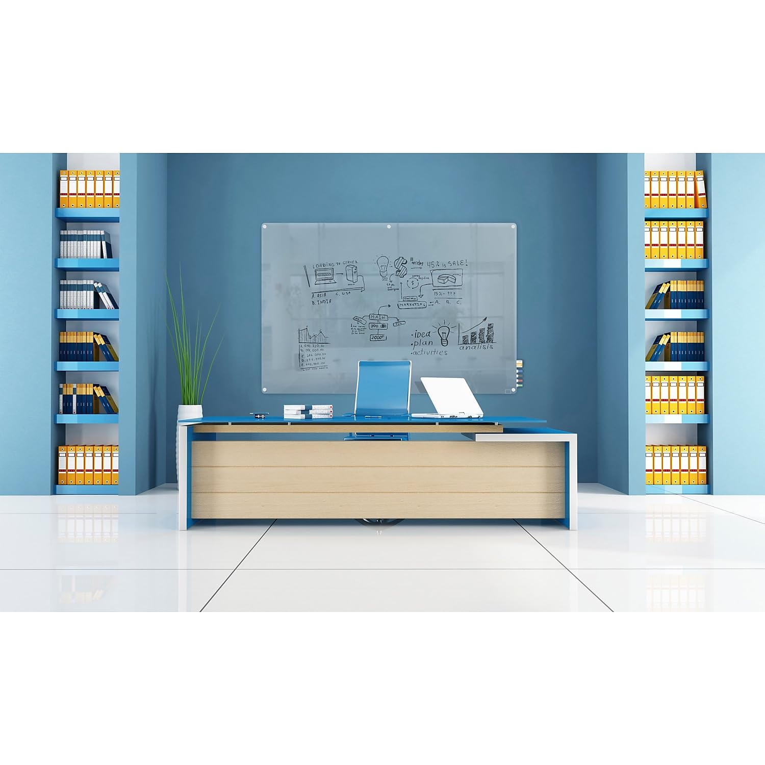 Ghent HMYRN23FR 2'x3' Frosted Glass Whiteboard with Radius Corners - Includes 4 Dry Erase Markers & Eraser - Perfect for Office Meetings, Classroom Teaching & Home Office Organization