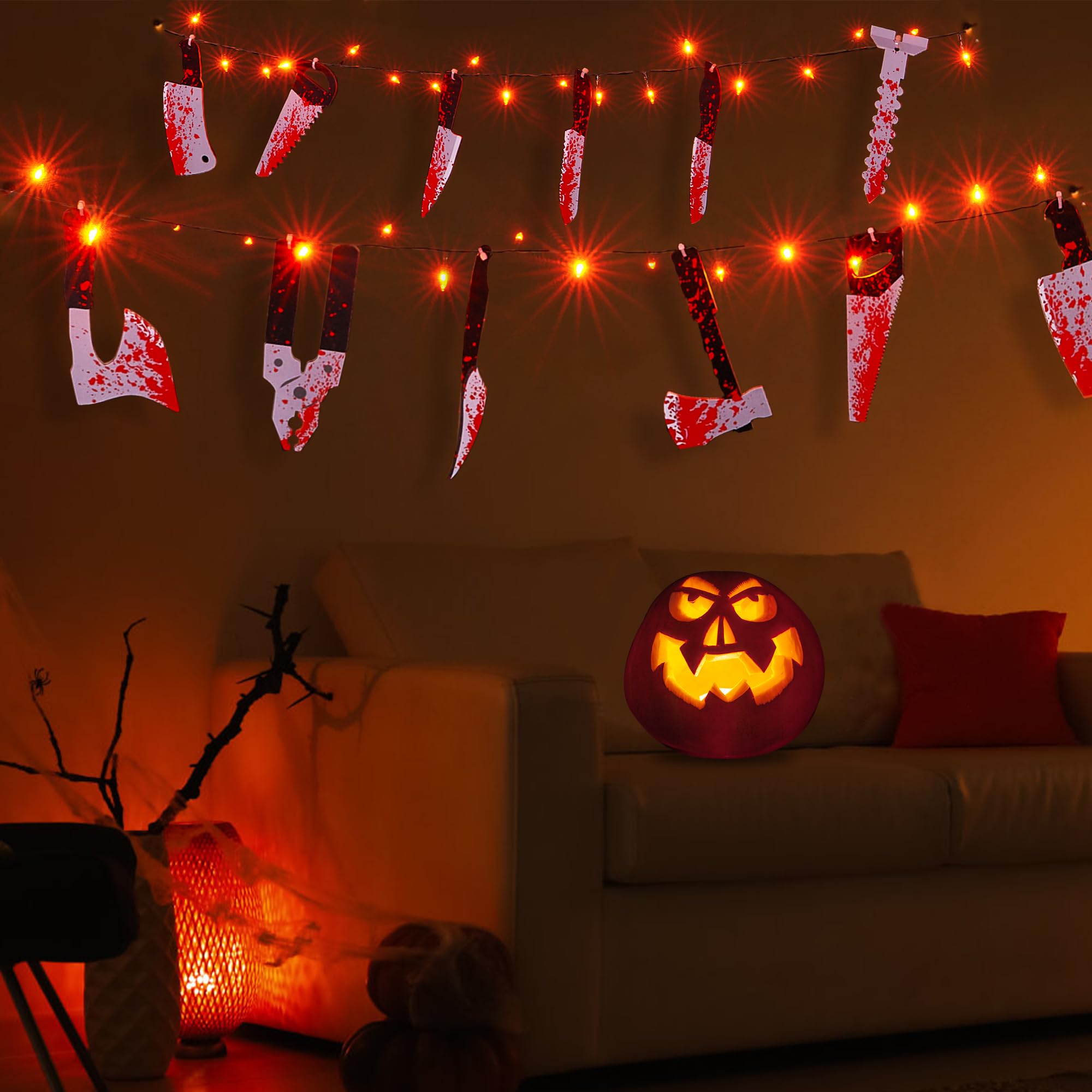 BLCtec 12FT Halloween String Lights with 16 Fake Bloody Knives & 50 LED Orange Bulbs - 8 Lighting Modes Battery Operated Scary Decor for Halloween Party, Haunted House, Yard, and Outdoor Décor