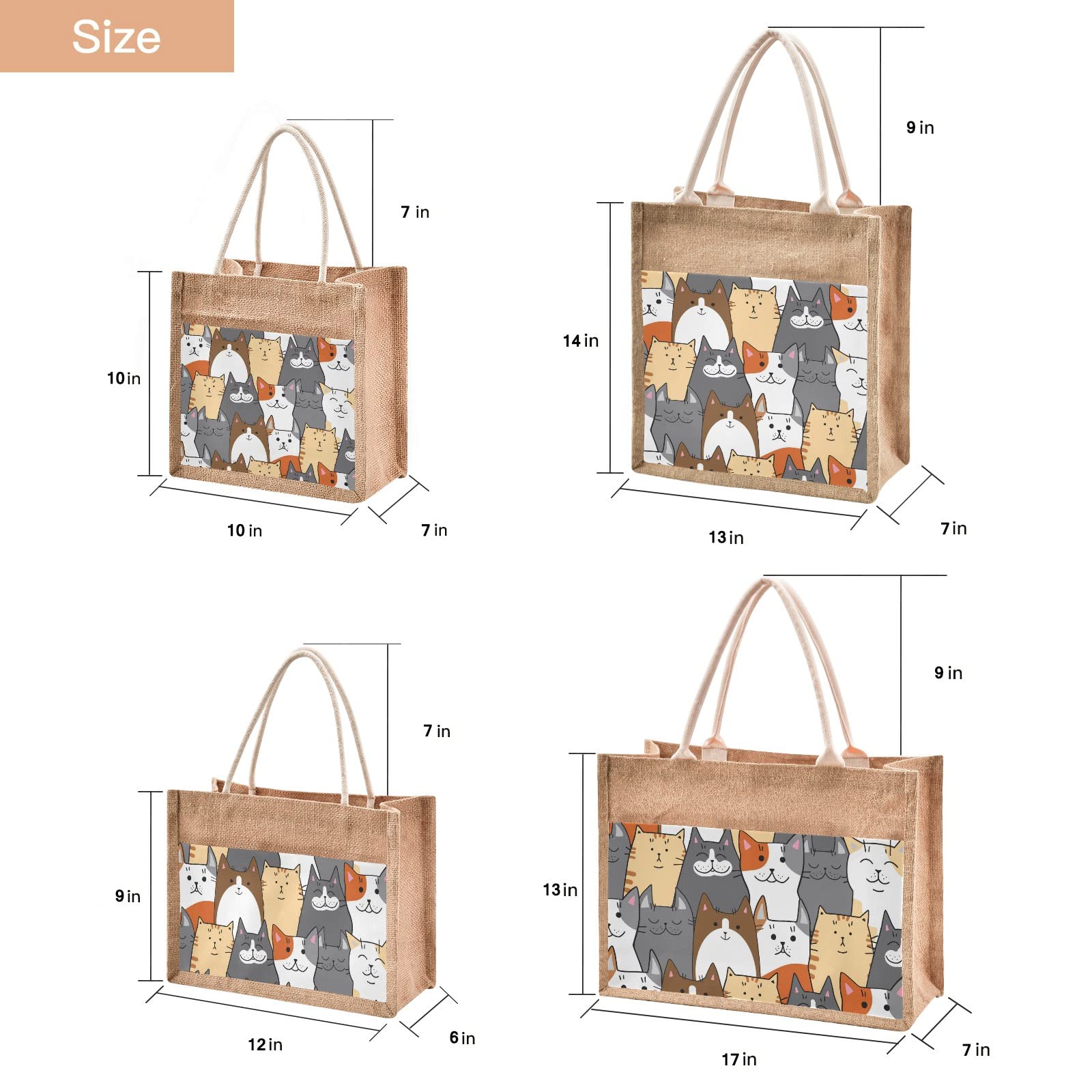 Eco-Friendly Jute Tote Bag for Cats - Reusable Grocery Shopping Bag with Zipper & Front Canvas Pocket | Funny Cat Design, 13x14 Inch | Perfect for Travel, Beach & Farmers Market