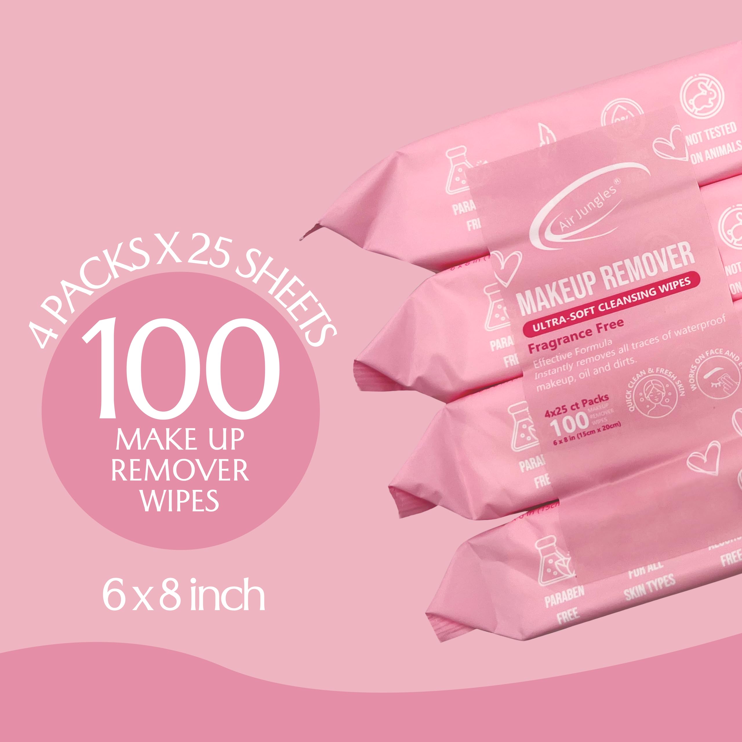 Air Jungles Fragrance-Free Makeup Remover Wipes - 25 Count (Pack of 4) | Extra Large 6