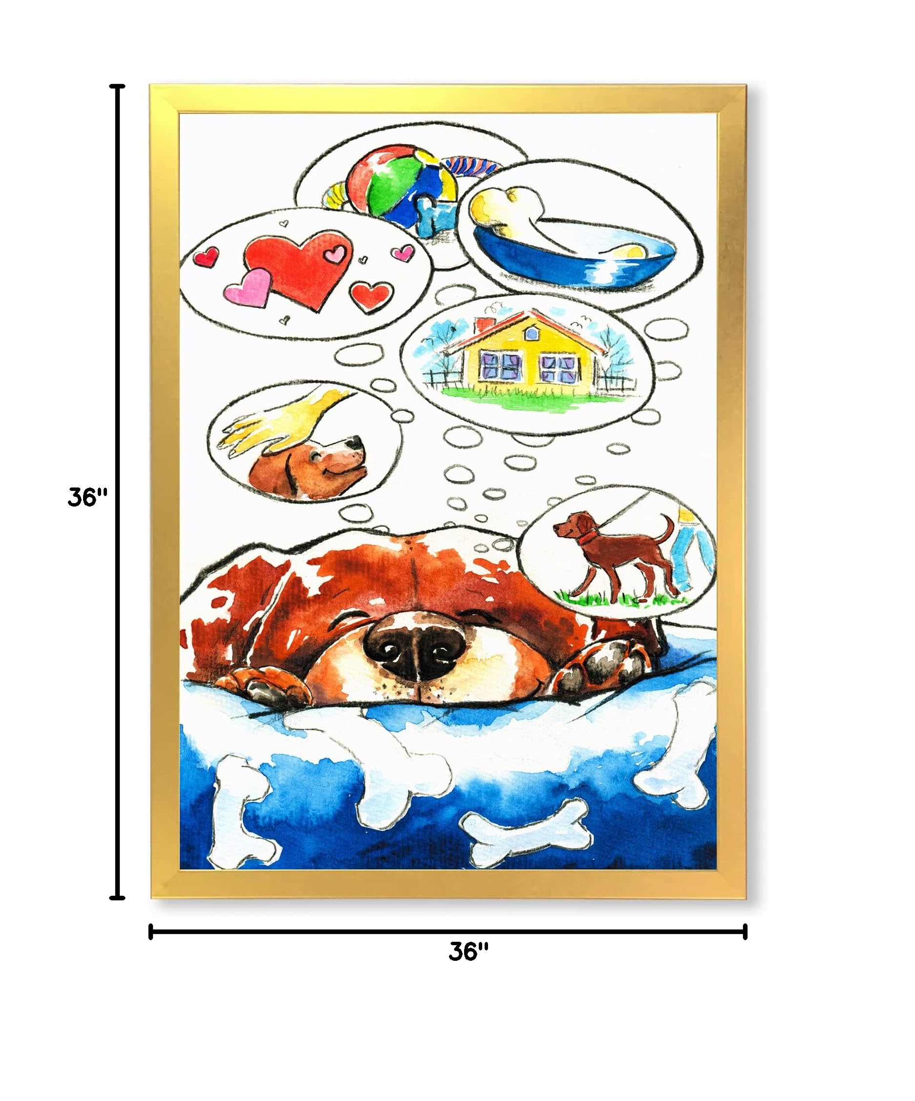 Dog Dreams Children's Art - Framed Wall Decor for Kids Room, Nursery & Playroom - Cute Animal Painting for Bedroom & Classroom