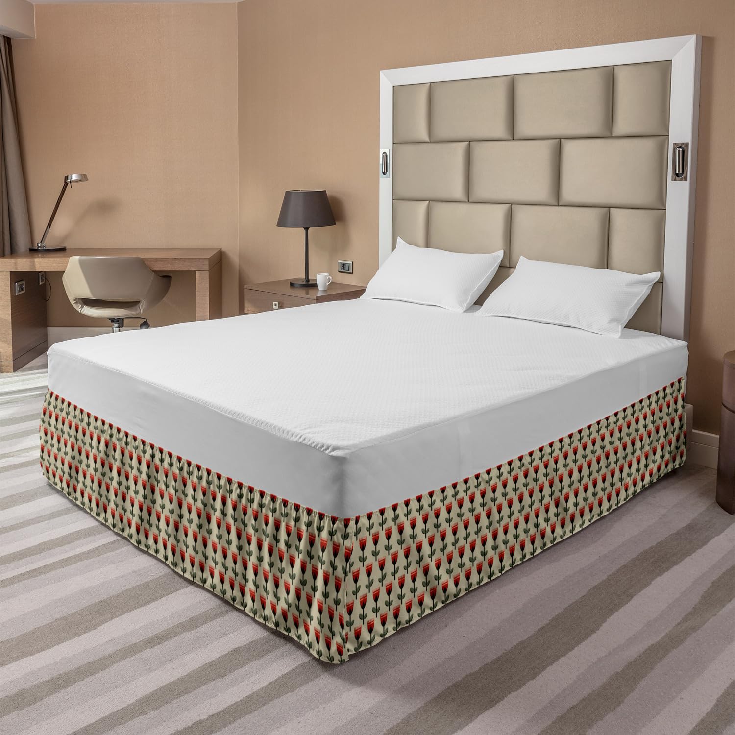 Ambesonne Floral Bed Skirt - Modern Tulip Pattern Elastic Dust Ruffle Wrap Around for King Size Beds | Beige Multicolor Home Decor | Perfect for Bedroom Makeover & Guest Room Styling