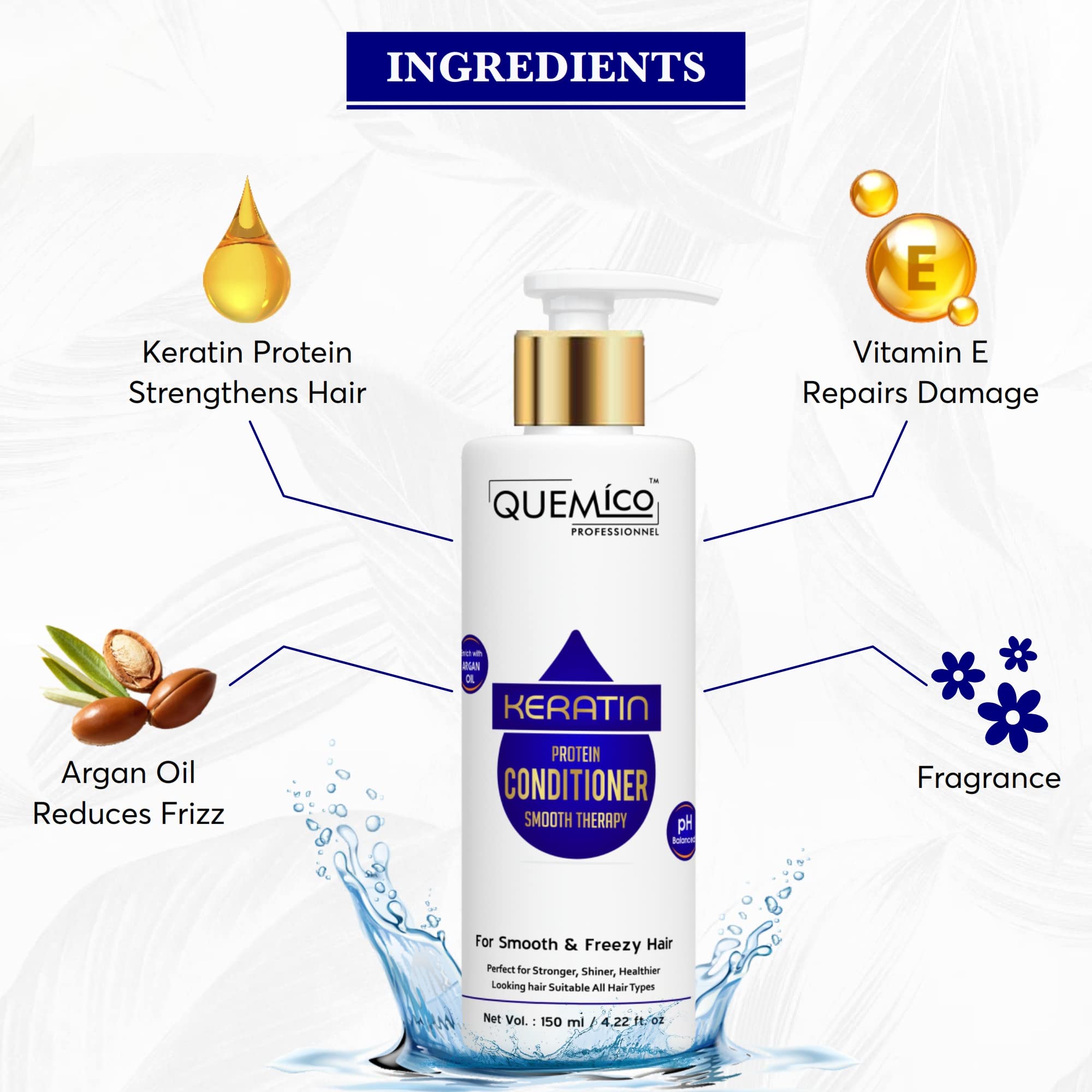 Quemico Professional Sulfate-Free Keratin Shampoo & Conditioner Set (300ml + 150ml) - Keratin Protein Smoothing Hair Care - No Sulfates, Parabens or Silicones - For Damaged, Frizzy & Color-Treated Hair - Salon Quality at Home
