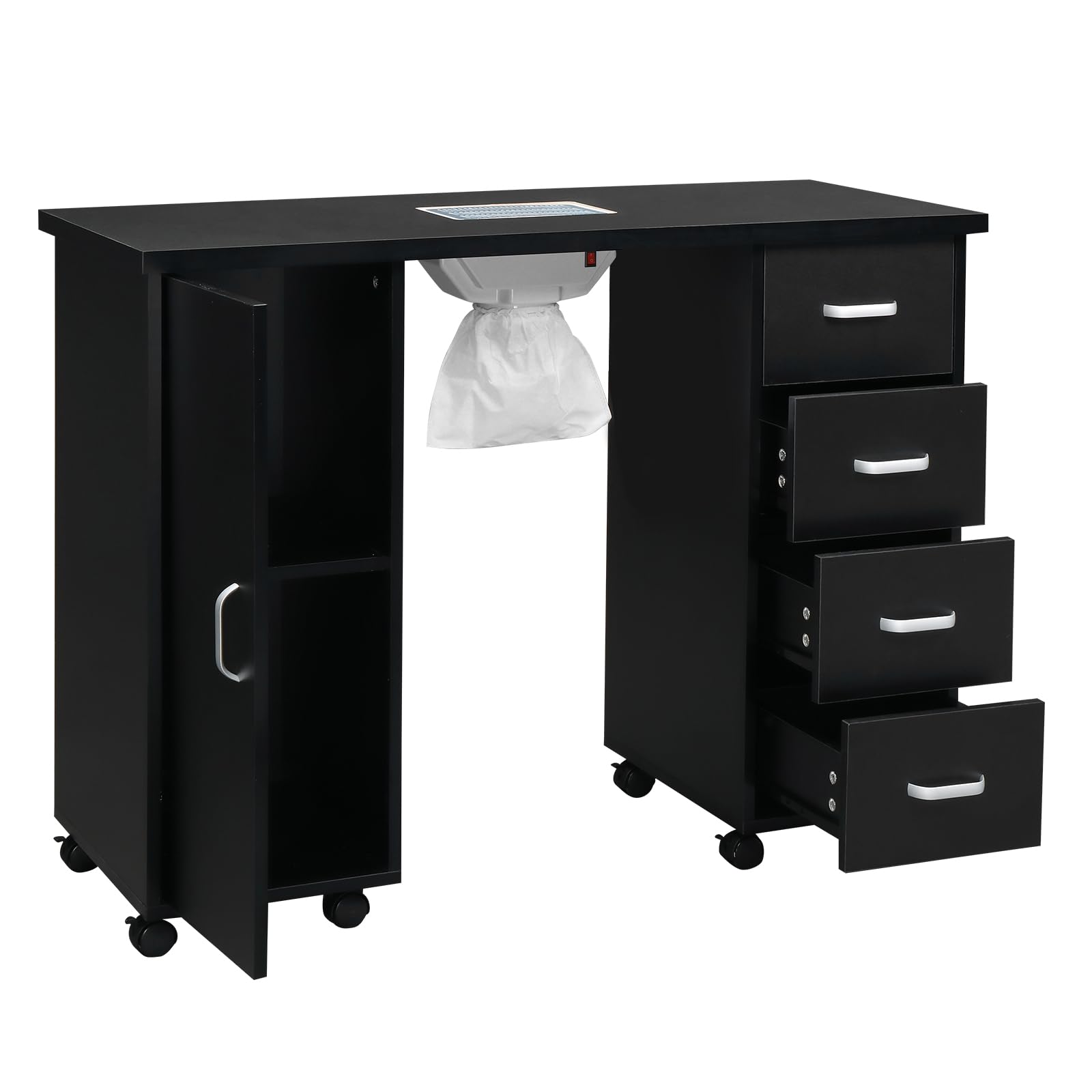 Professional Manicure Table with 4 Drawers & Lockable Wheels - Nail Tech Station for Salon, Spa & Home Use - Black Beauty Salon Table with Storage & Single Door