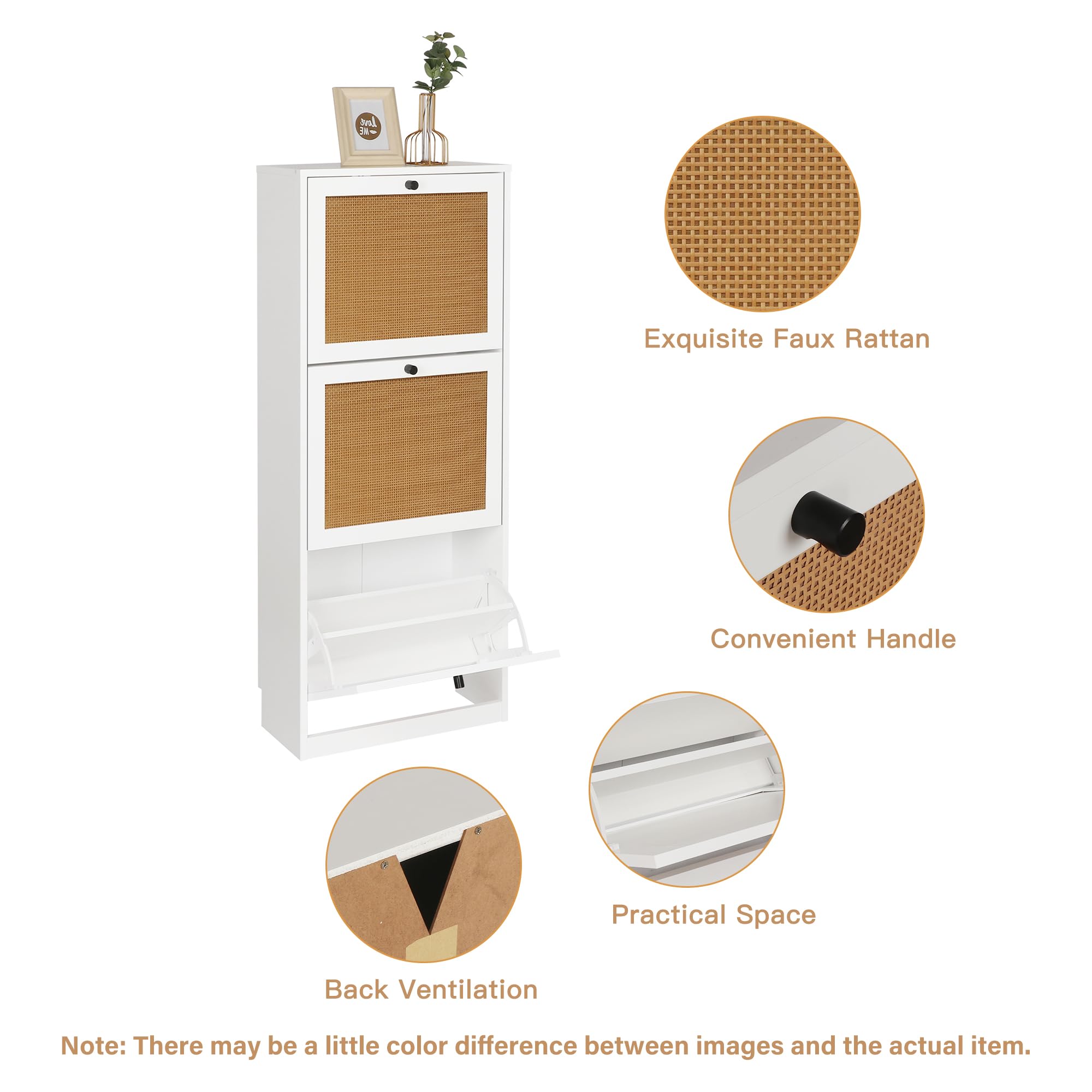 Anmytek 3-Tier Rattan Shoe Storage Cabinet with Flip Drawers - White Entryway Organizer for Hallway, Living Room & Bedroom | Wooden Shoe Rack with 3 Compartments | Perfect for Small Spaces & Home Decor (Model S0003)