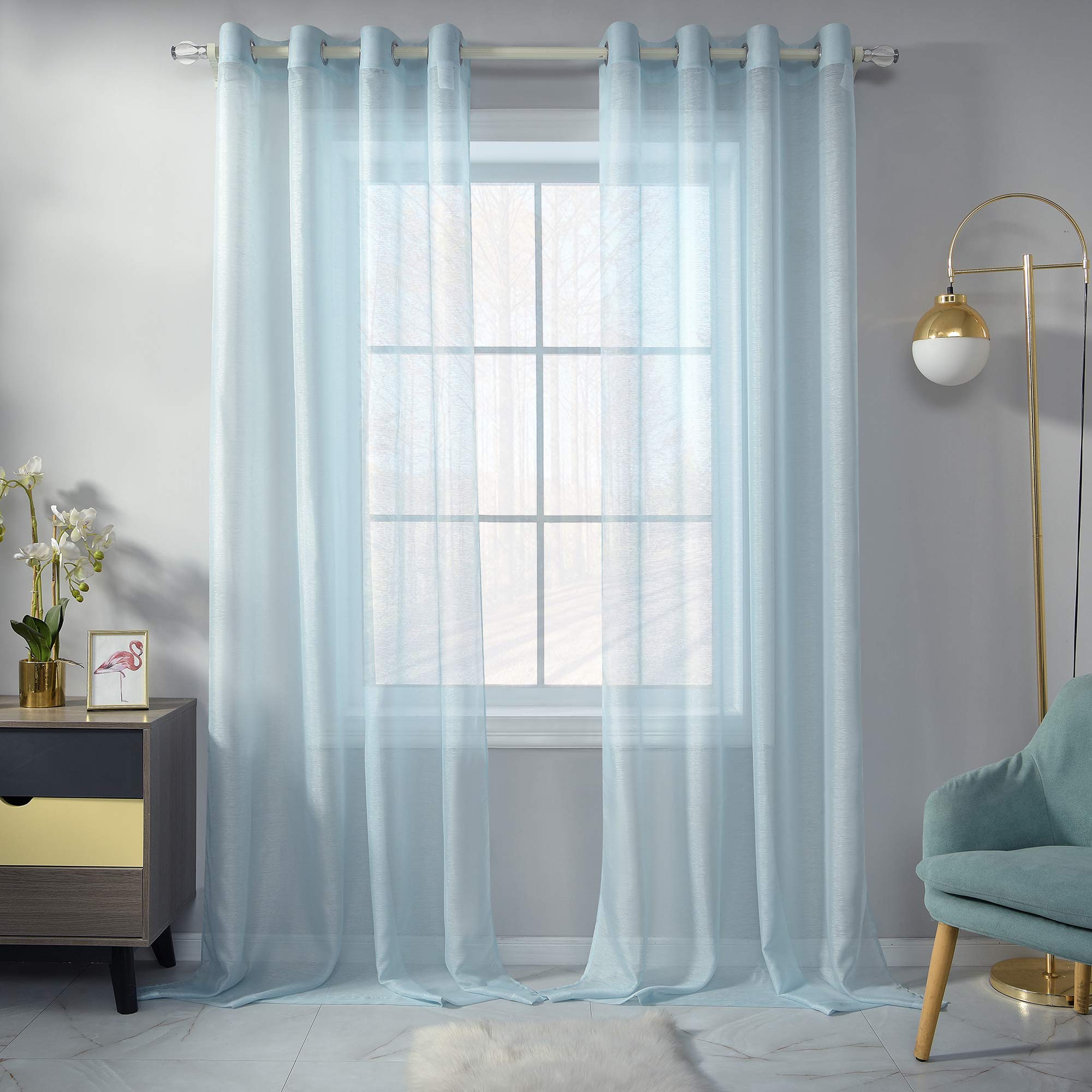 Light Blue Sheer Curtains 95 Inch Length - Set of 2 Panels Voile Drapes with Grommet Top for Living Room & Dining Room Windows (52x95 inches) - Elegant Translucent Textured Window Treatments for Natural Light Filtering & Home Decor