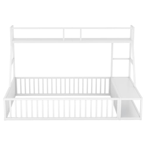 Full Size Kids Floor Bed with Safety Fence - White Metal Bed Frame with Built-in Desk & Storage Shelves for Toddlers and Children | Perfect for Small Bedrooms, Montessori Rooms, and Play Areas