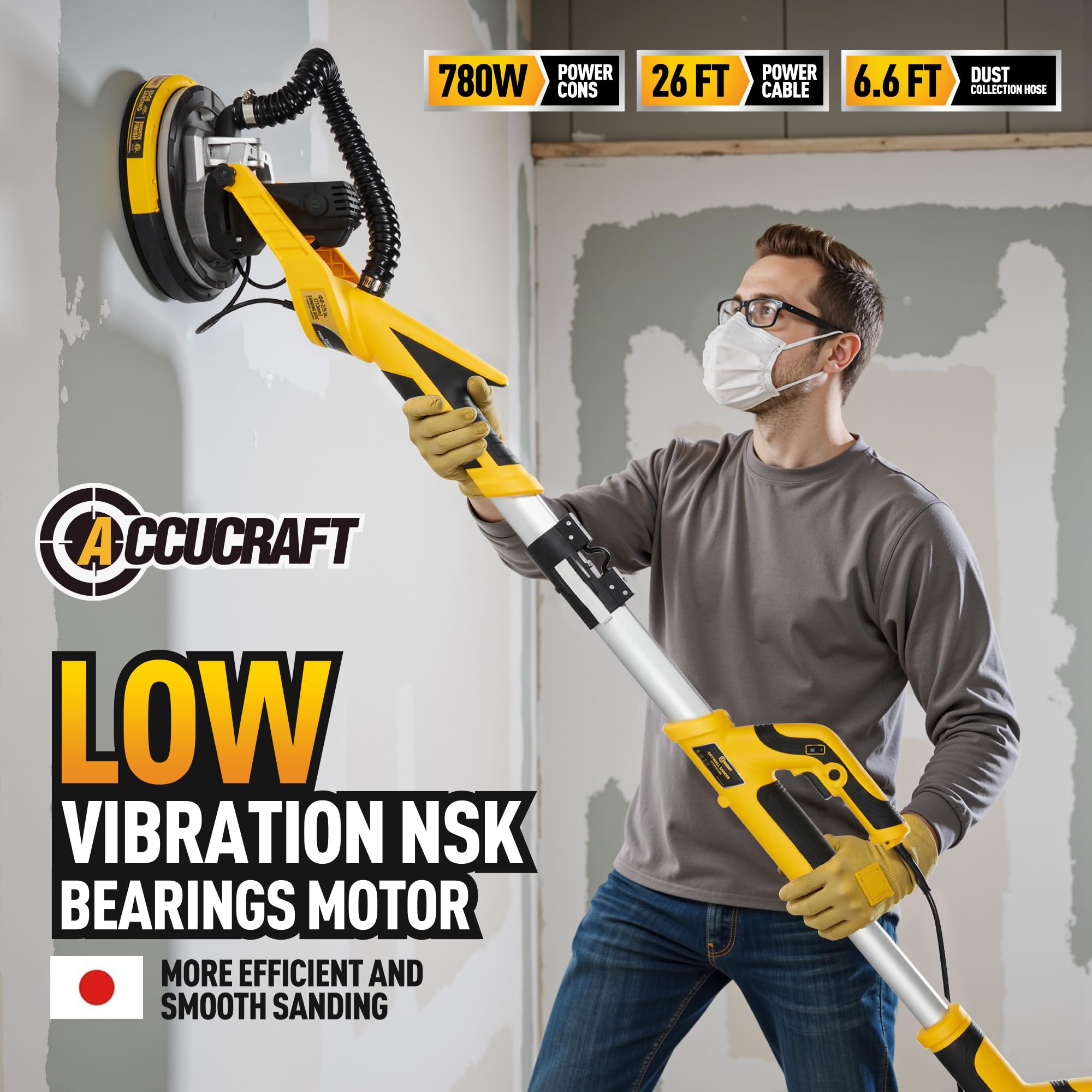 Powerful Electric Drywall Sander with Vacuum - Auto Dust Absorption, Dust-Free Design, 7 Variable Speeds (900-1800 RPM), 26' Power Cord & LED Light - Perfect for Popcorn Ceiling Removal, Wall Smoothing, and Home Renovation Projects