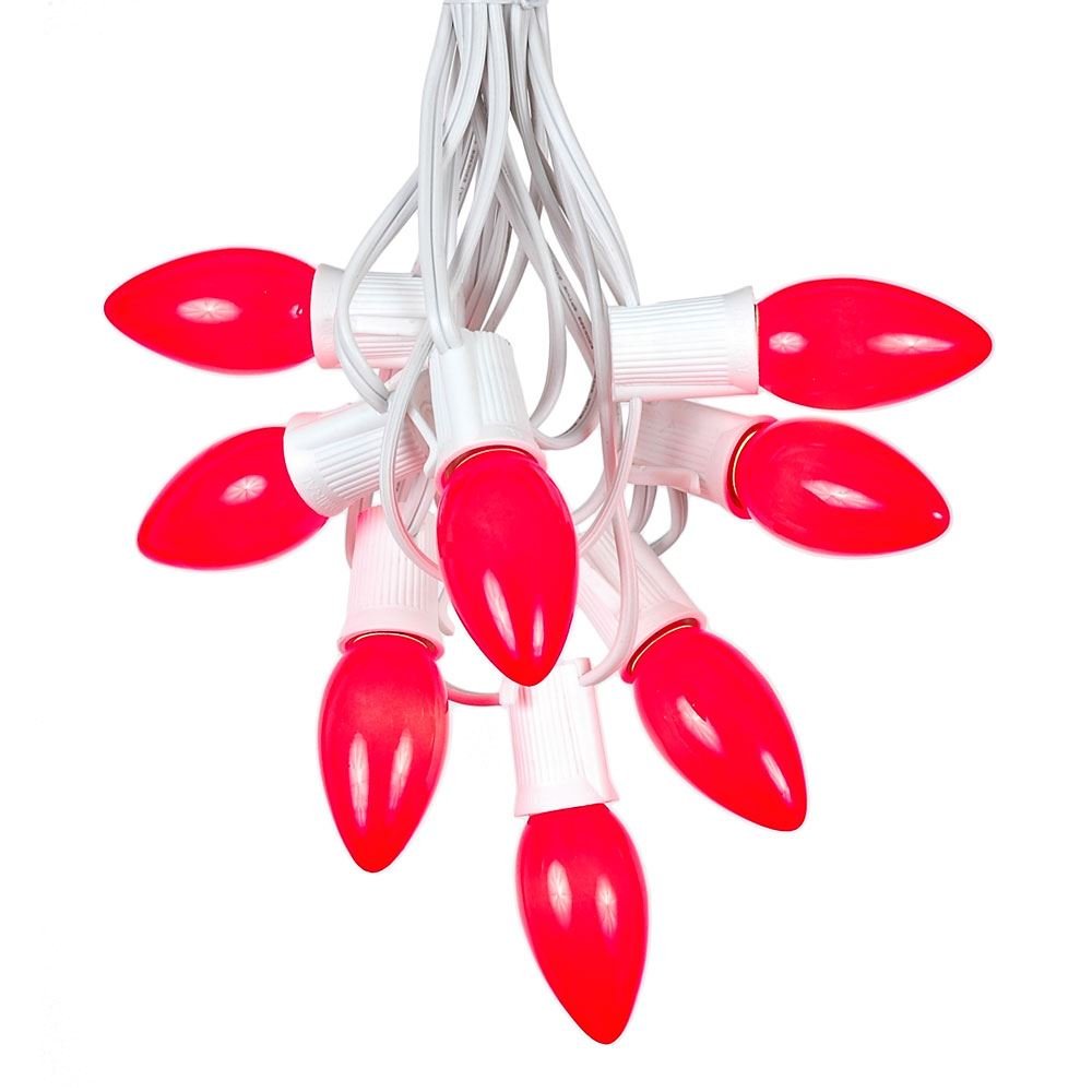 100' Red C9 Ceramic Christmas String Lights - Outdoor Holiday Light Set with Opaque Bulbs & White Wire | Perfect for Roofline Decor, Patio Lighting, and Festive Yard Displays