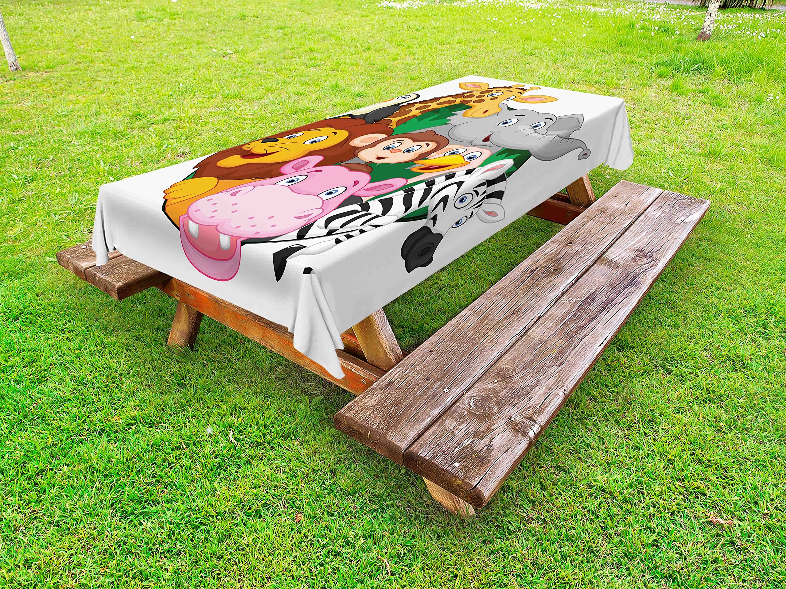 Ambesonne Cartoon Animal Tablecloth - Washable Picnic Table Cover with Zebra & Savannah Wildlife Design, 58x84 Inches, Multicolor - Perfect for Outdoor Dining, BBQ Parties, and Picnics in the Park