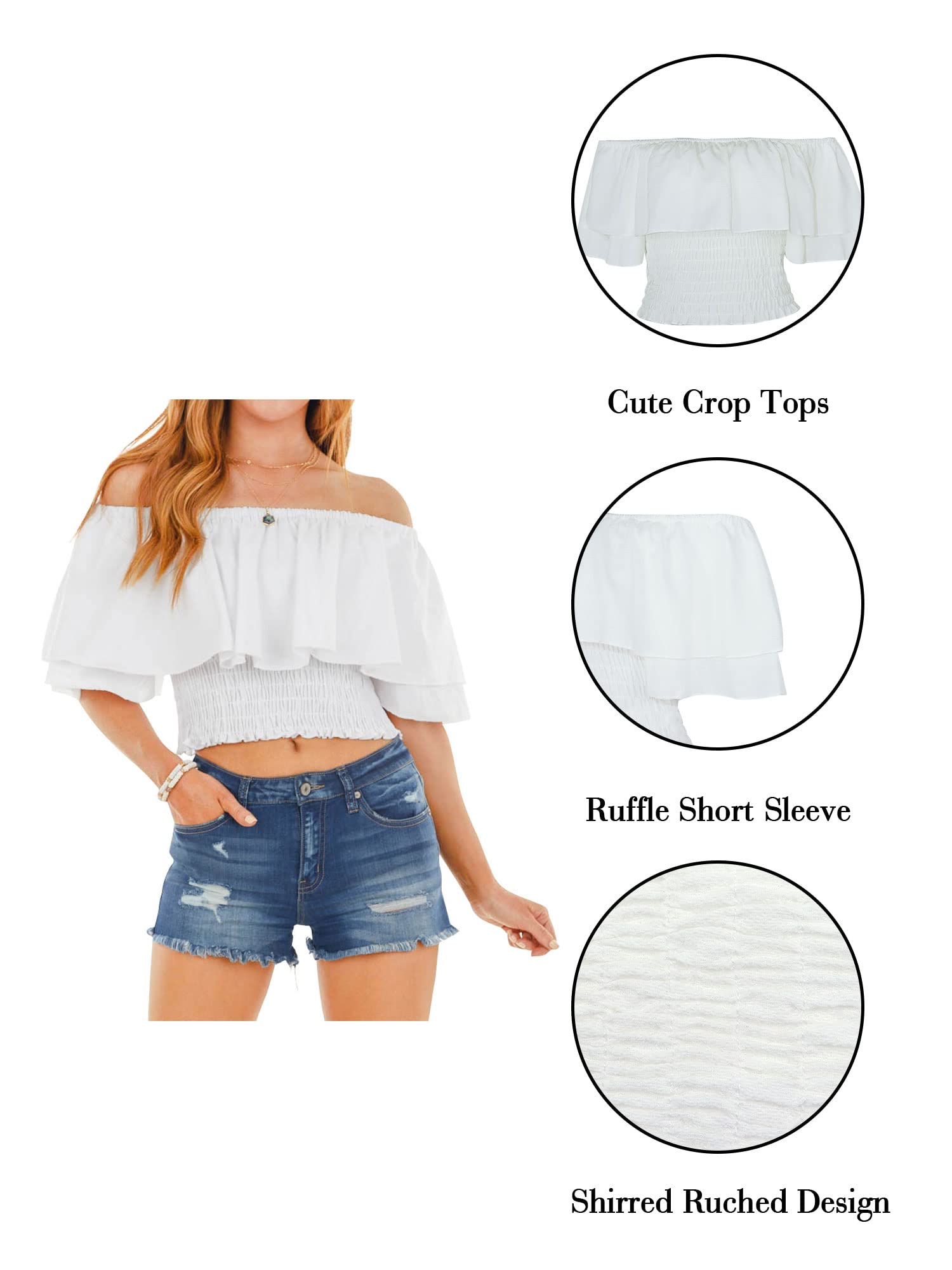 HibluCo Women's Off Shoulder Ruffled Crop Top - Smocked Waist Blouse for Summer | Casual Beach Wear, Date Night Outfit, Vacation Style