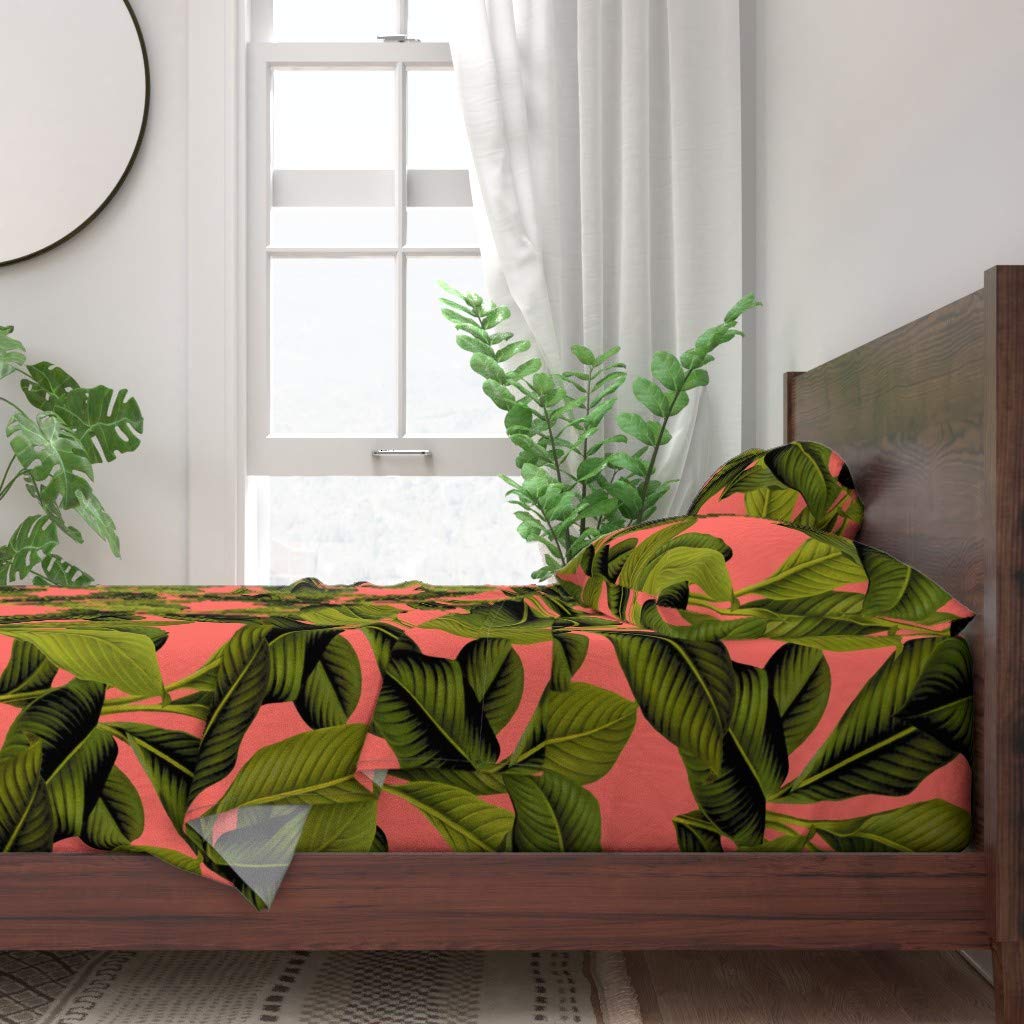 Spoonflower 100% Cotton Twin Sheet Set 3-Piece - Vintage Tropical Jungle Botanical Print in Pink & Green, Palm Coral Island Design | Soft Breathable Bedding for Home, Guest Room, or Vacation Rental