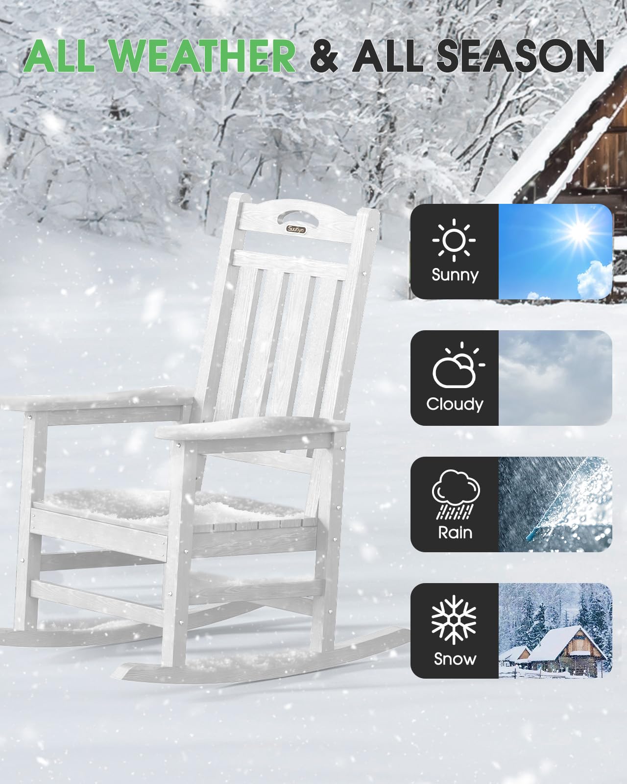Premium Oversized Outdoor Rocking Chair - High Back Patio Rocker with 380lb Weight Capacity - All-Weather HDPE Material - Perfect for Porch, Garden & Backyard Relaxation (White)