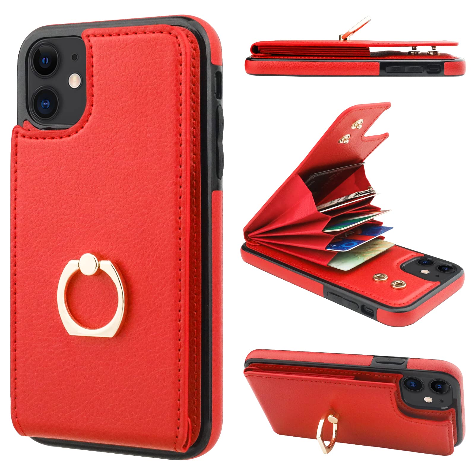 Folosu iPhone 11 Case Wallet with Card Holder - 360° Rotating Finger Ring Stand, Kickstand & RFID Blocking PU Leather Cover | Shockproof Flip Case with Double Buttons for 6.1