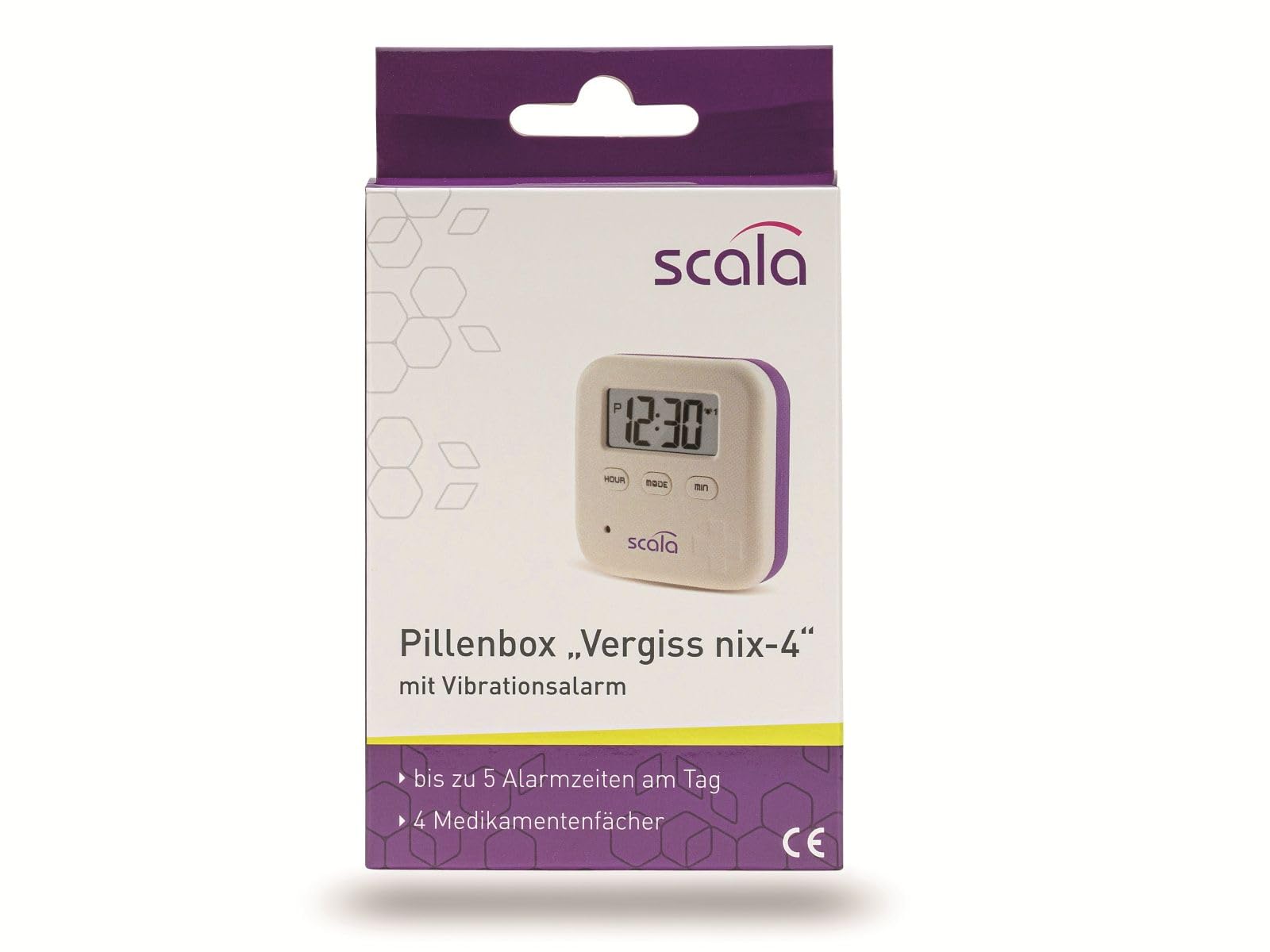 Scala 4-Compartment Pill Box with Timer - 5 Alarms, White | Perfect for Daily Medication & Vitamin Organizer for Travel, Home & Office Use