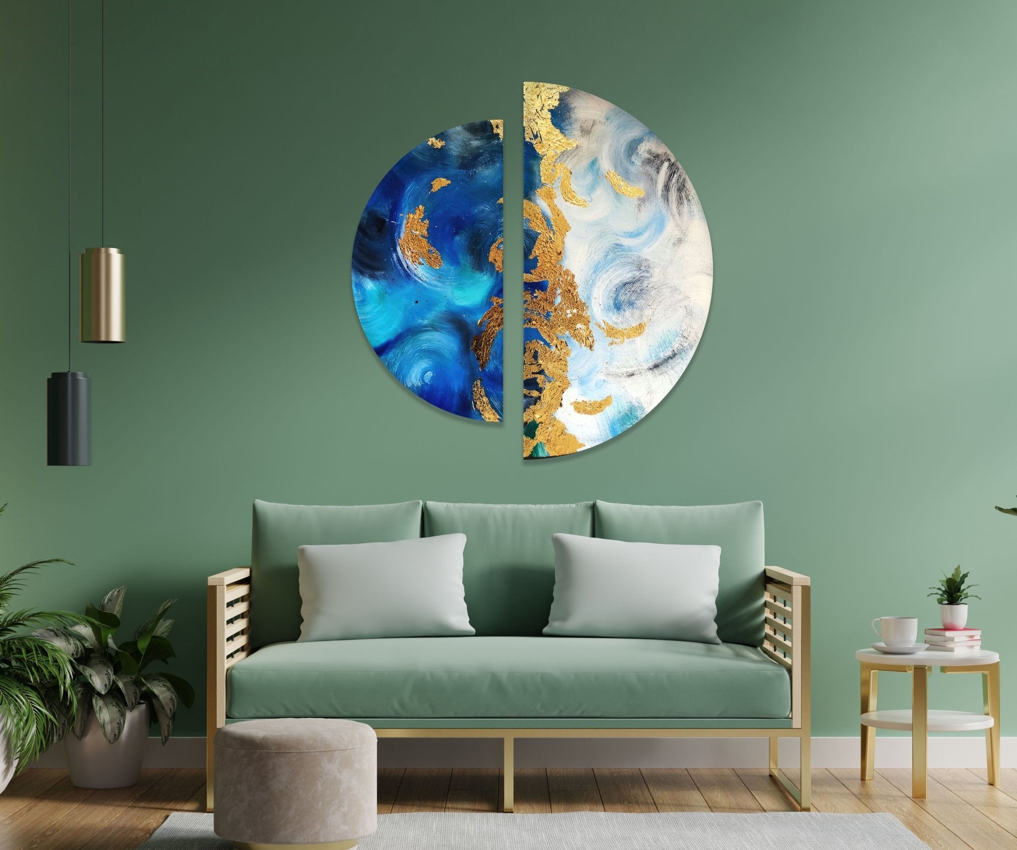 2 Piece Blue and Gold Abstract Glass Wall Art Set - Modern Home Decor for Living Room, Bedroom, or Office