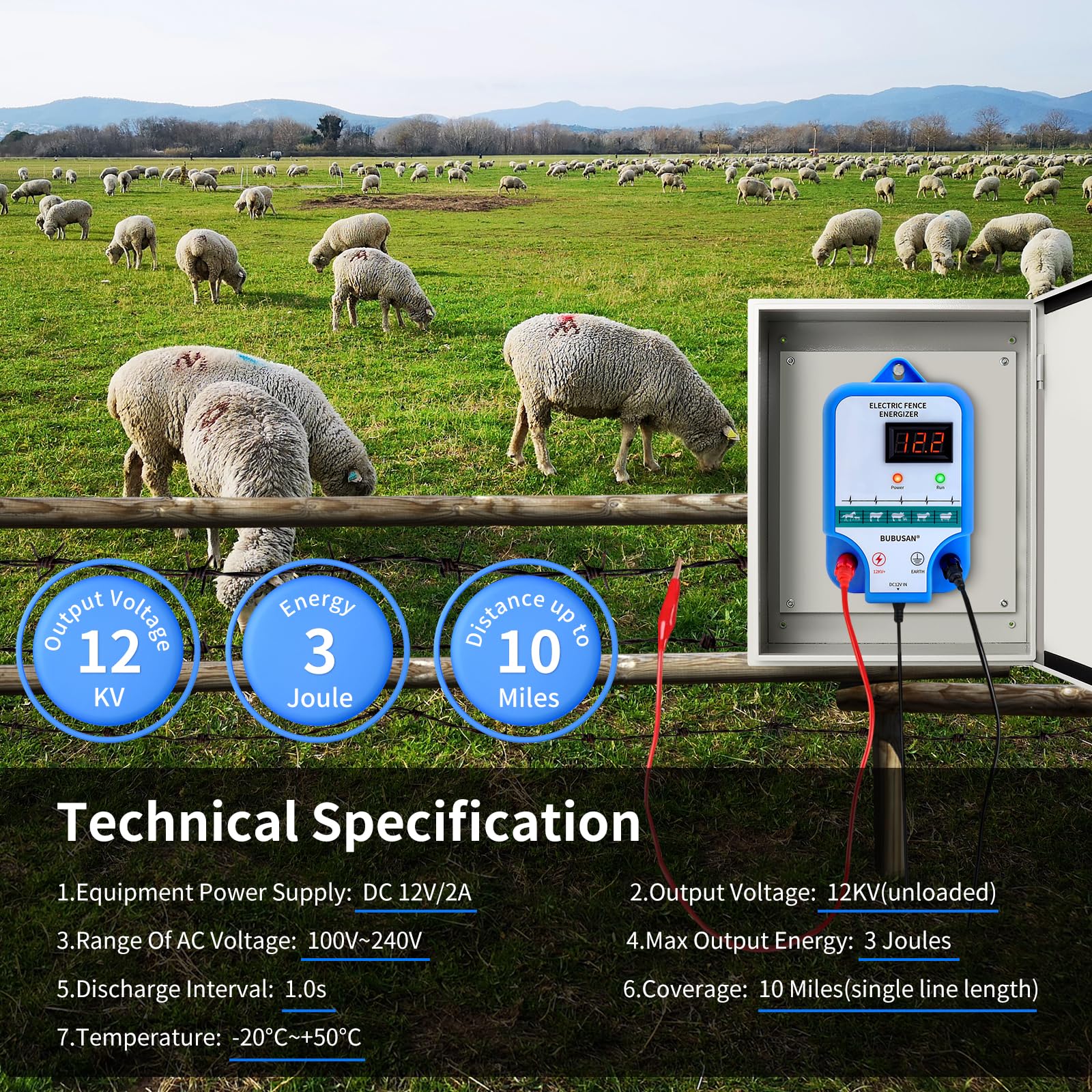 3 Joule Electric Fence Charger for Livestock - 10 Mile Range Fence Energizer with LED Display | Farm, Garden & Backyard Protection | Deters Deer, Bears & Large Animals