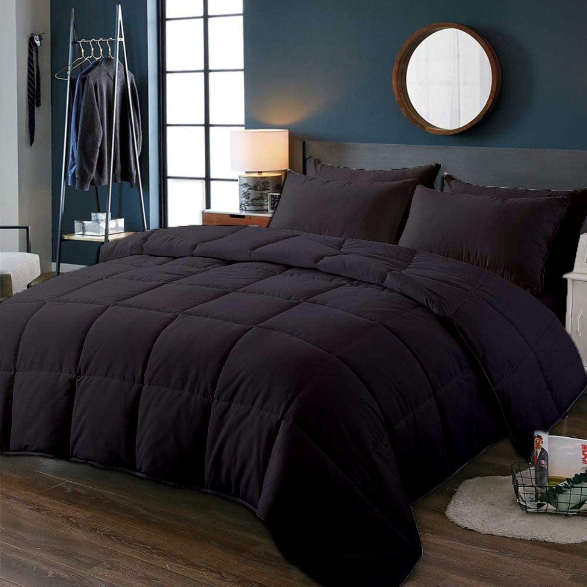 Premium All-Season Black Down Alternative Quilted Comforter Set - 100% Cotton 800 Thread Count - Duvet Insert or Standalone Bedding - Full/Queen Size 3-Piece Set - Perfect for Cozy Nights & Guest Room Decor