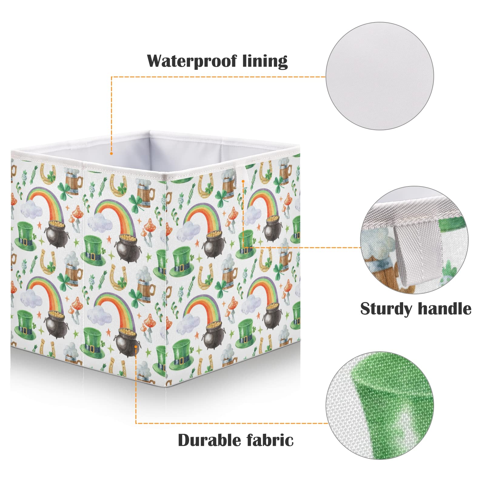 St. Patrick's Day Shamrock Leprechaun Hat Storage Basket - Collapsible Rectangular Bin with Pot of Gold & Rainbow Design | Foldable Nursery Organizer for Toys, Clothes | Easy to Assemble | Perfect for Holiday Decor, Kids' Room Storage & Party Supplies