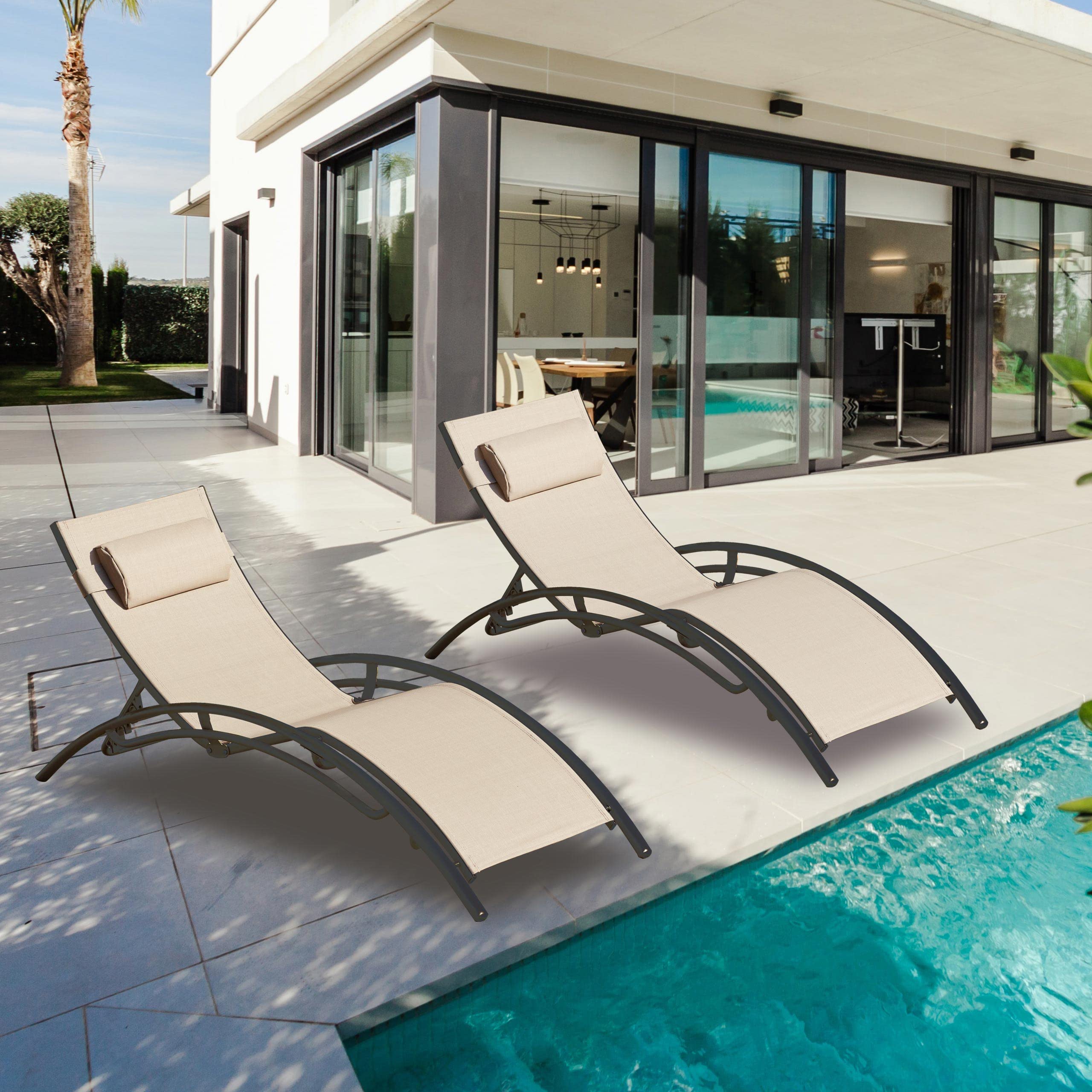 Outdoor Patio Chaise Lounge Chairs Set of 2 - Adjustable Backrest (5 Positions) with Headrest - Waterproof Poolside & Balcony Furniture - Cappuccino Color - Perfect for Sunbathing, Relaxing by the Pool, or Lounging on Your Deck